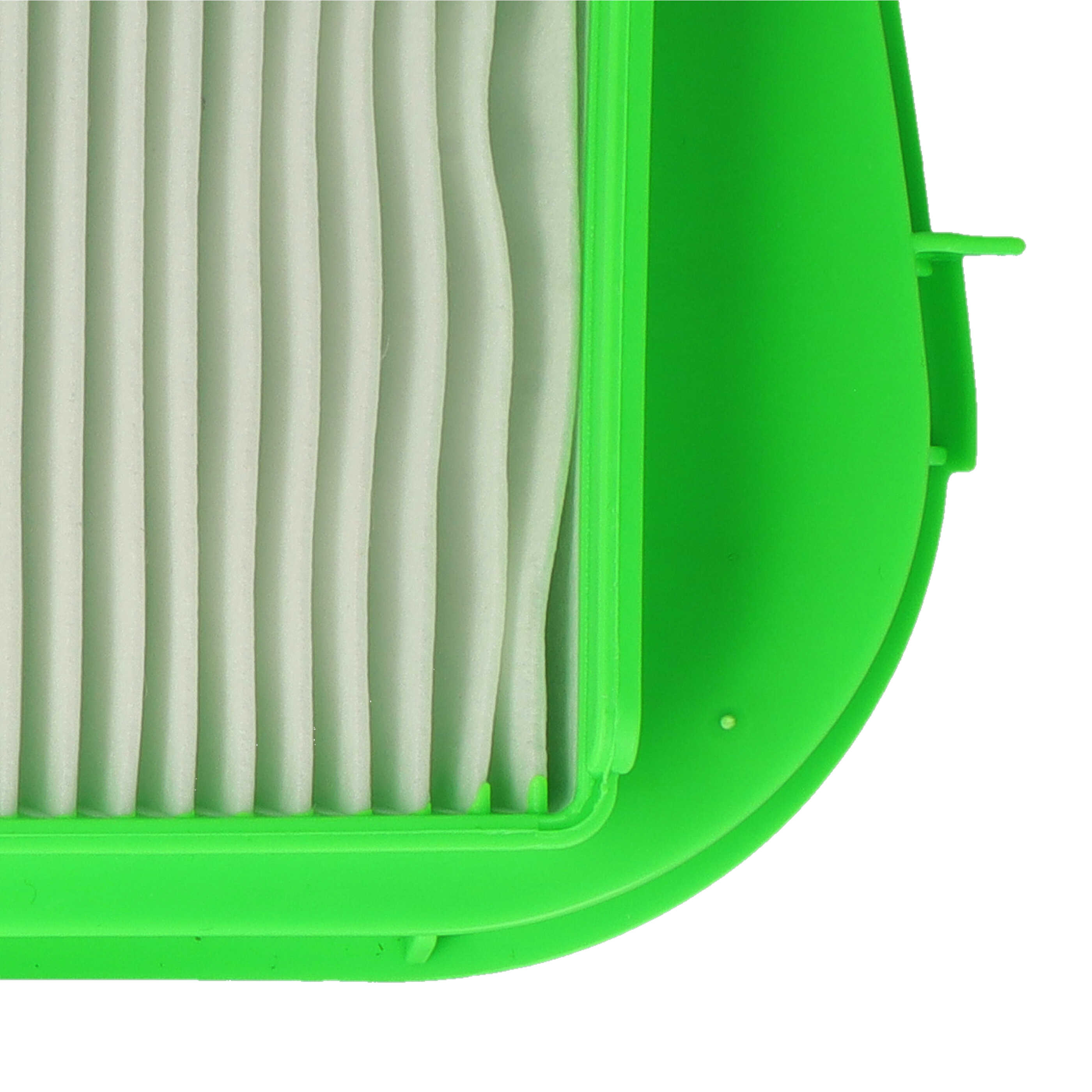 Ein weißer, gefalteter Luftfilter in einem hellgrünen Plastikrahmen.