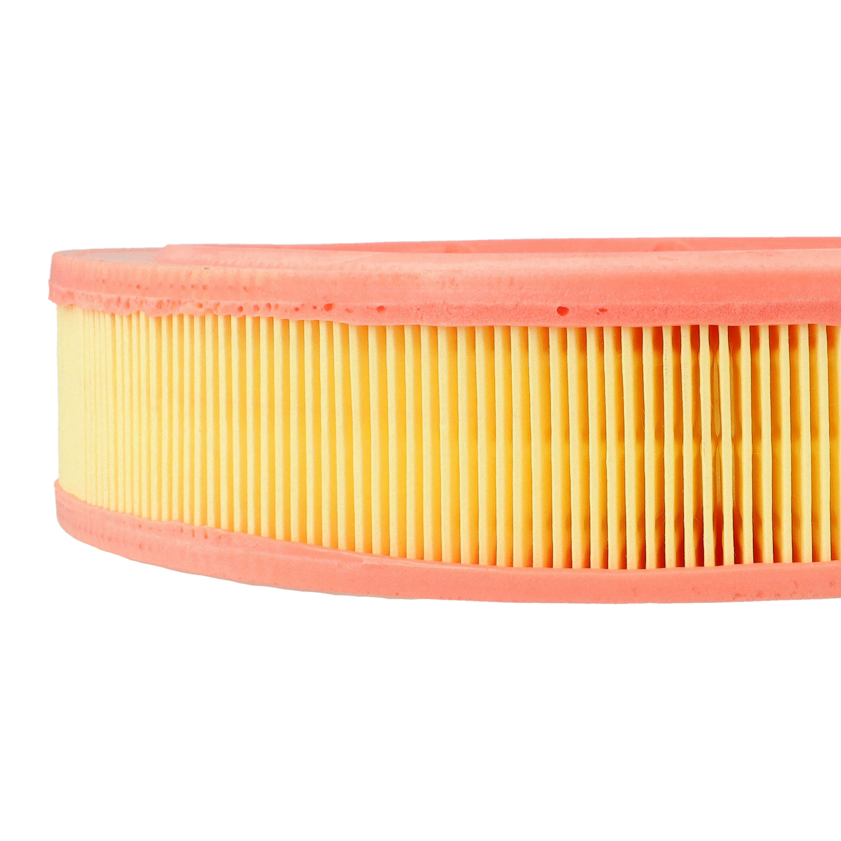 Runder Auto-Luftfilter mit gelben Papierlamellen und orangen Schaumstoffkanten.