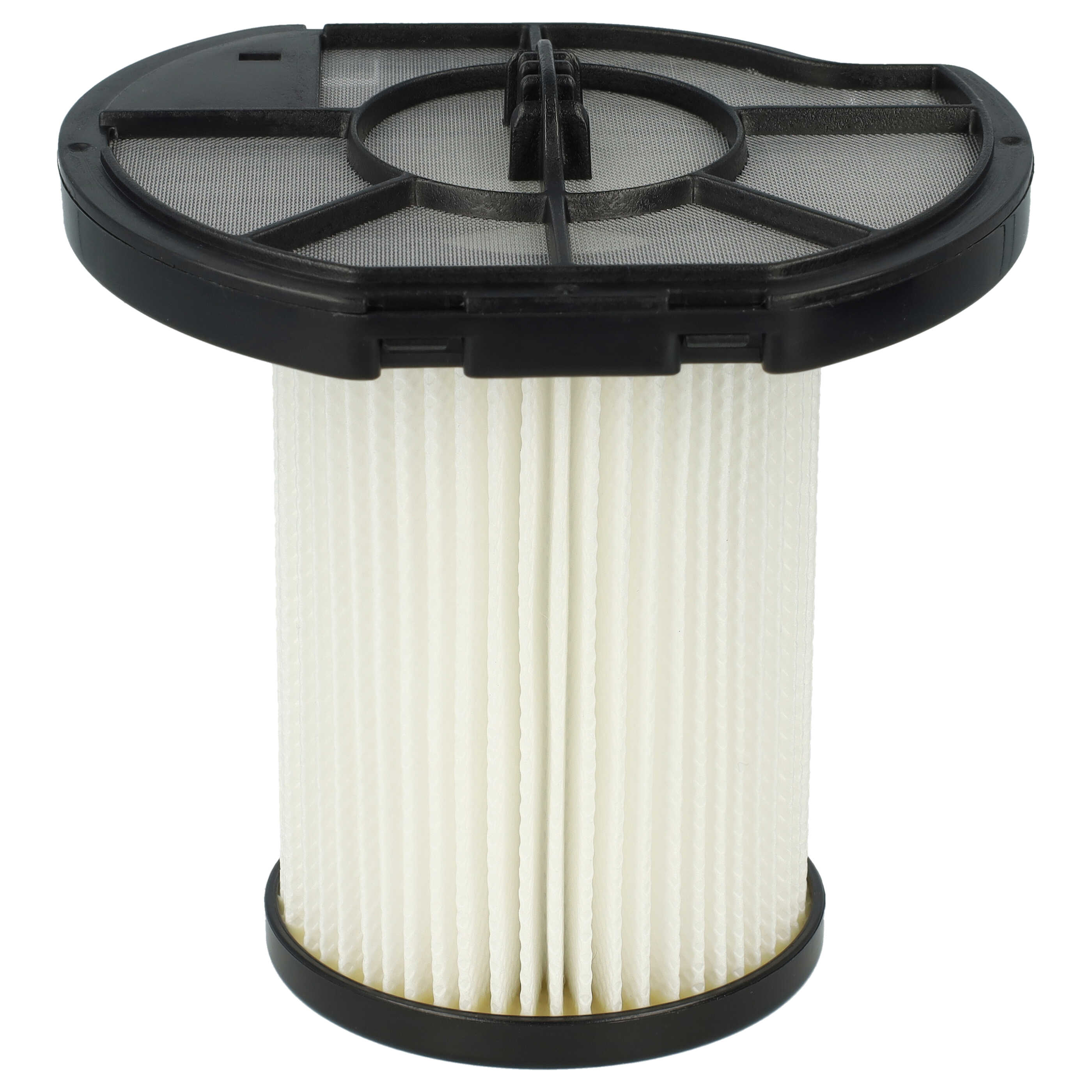 Ein zylindrischer Staubsaugerfilter mit weißem Faltenmaterial und schwarzem Kunststoffrahmen.