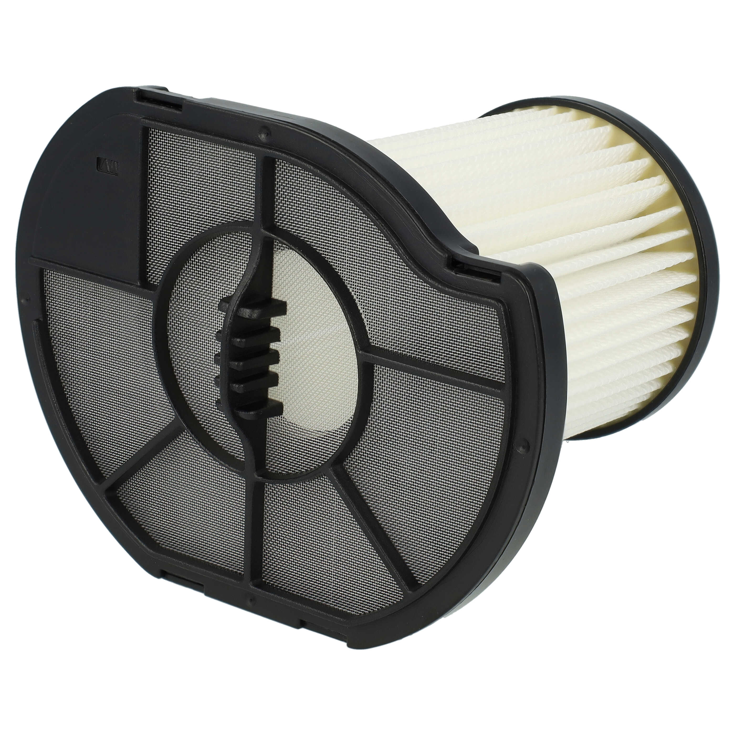 Ein schwarzer Staubsaugerfilter aus Kunststoff mit feinem Netzgewebe vorne und weißem Faltenpapier innen.