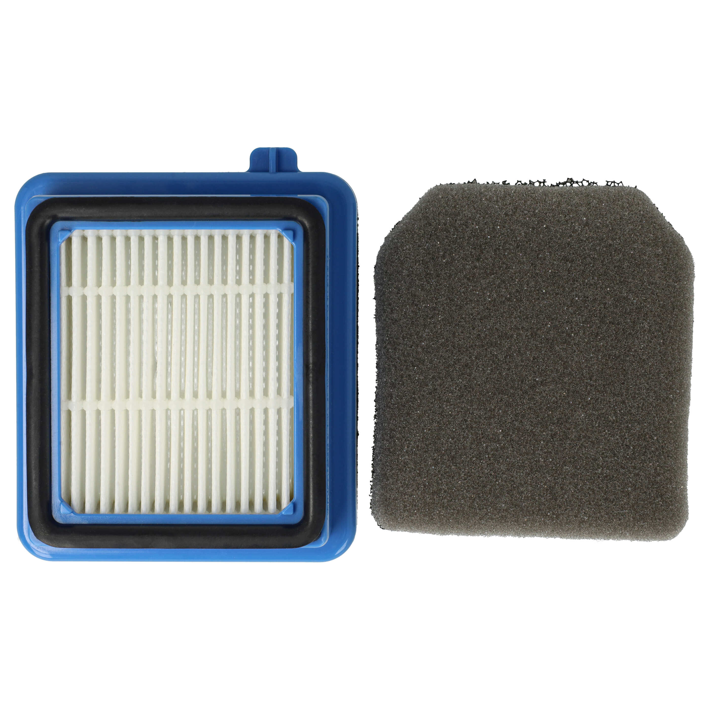Ein blau gerahmter, weißer Faltenfilter mit schwarzer Dichtung und einem separaten grauen Schaumstoff-Vorfilter.