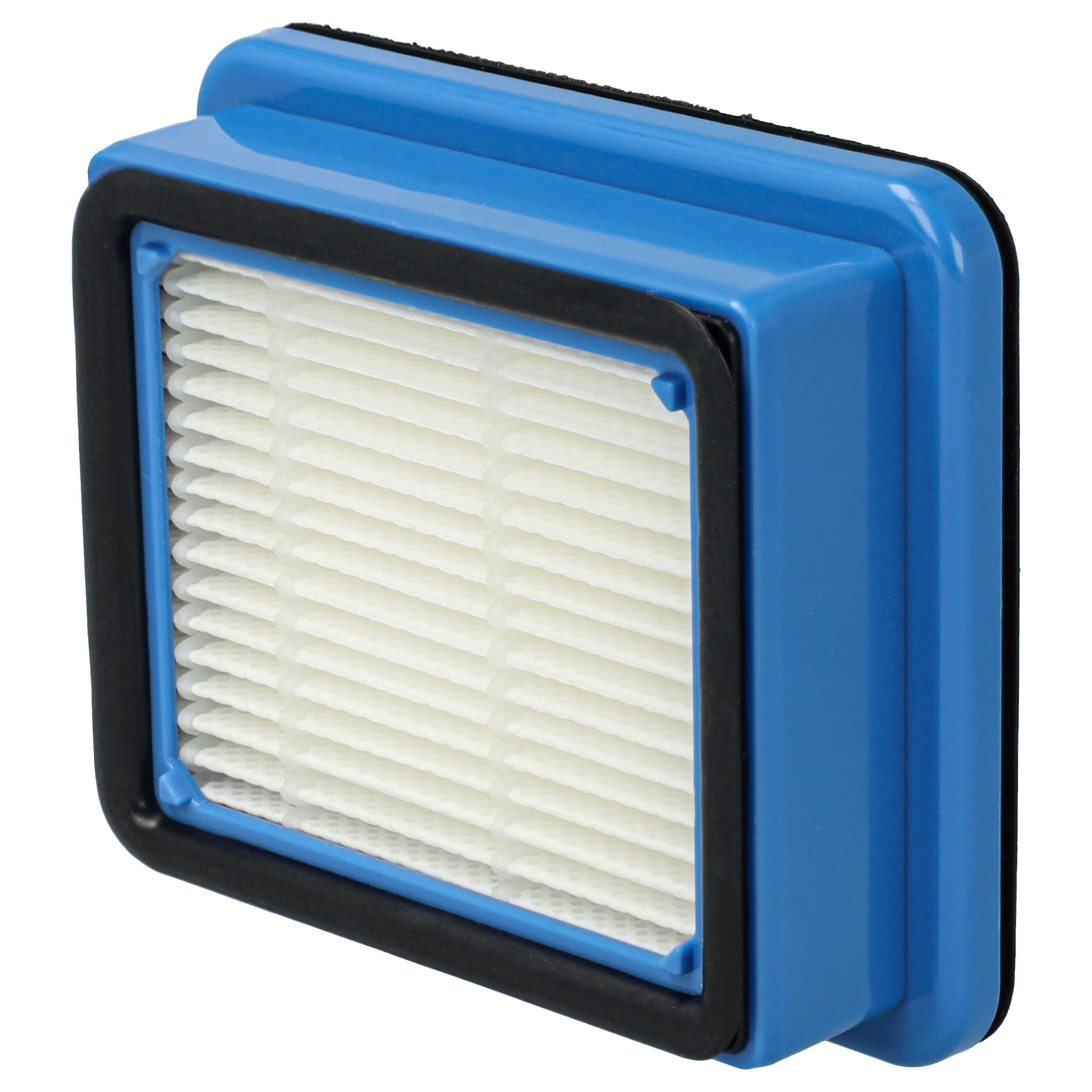 Ein blauer, rechteckiger Luftfilter mit weißen Lamellen und einer schwarzen Gummidichtung.