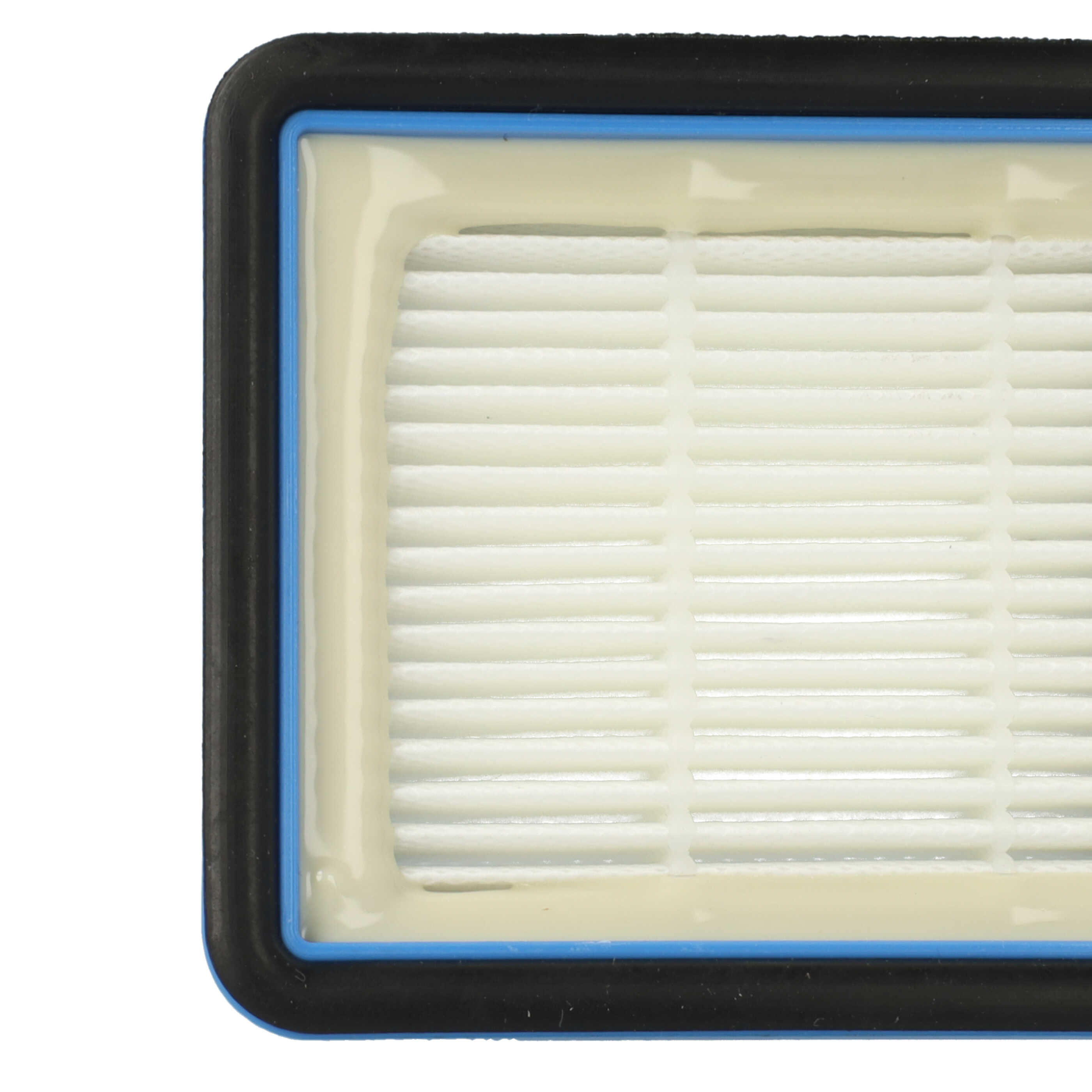 Nahaufnahme eines rechteckigen Luftfilters mit schwarzem Gummirand, blauem Besatz und weißem Faltenmaterial.