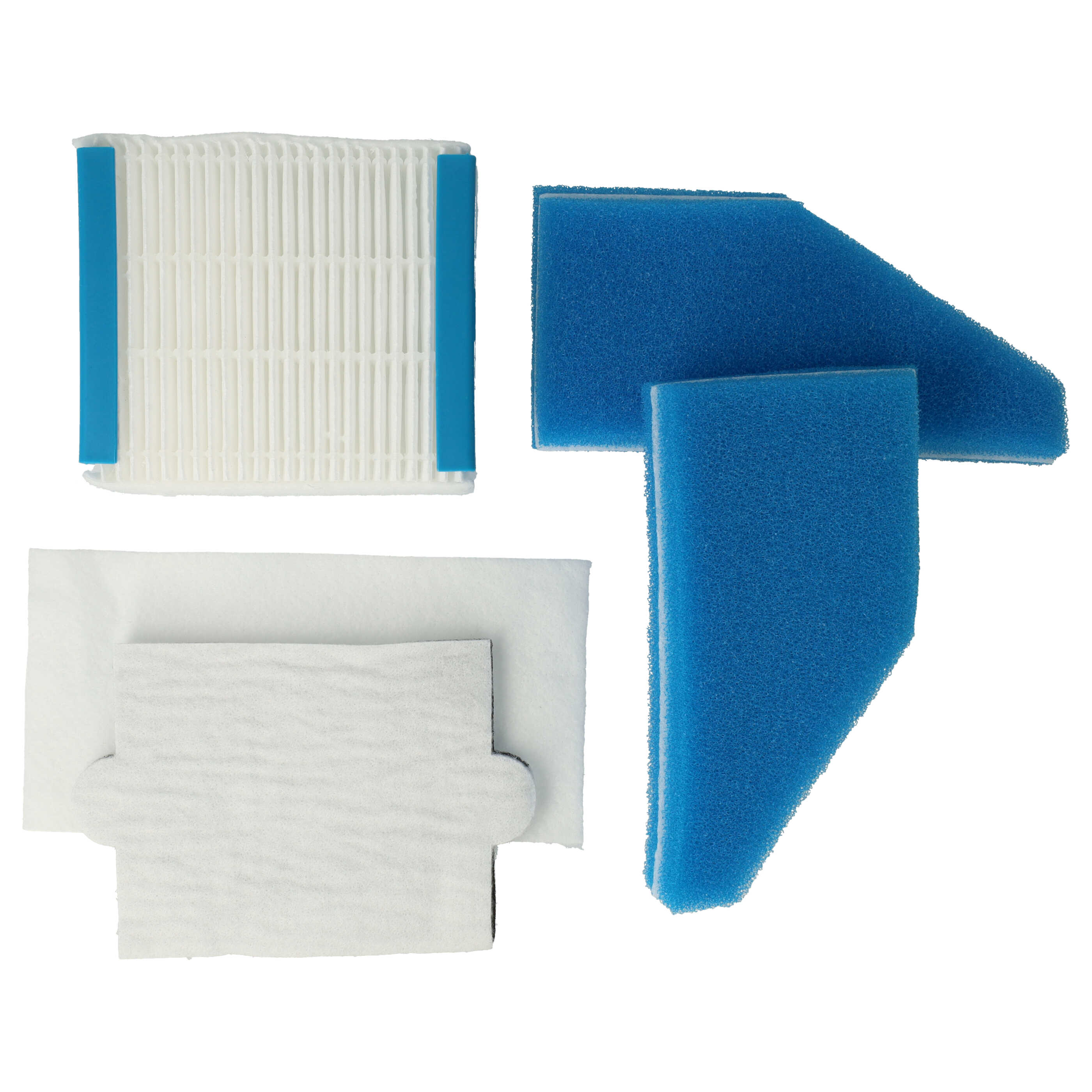Ein Satz von vier Ersatzfiltern für einen Staubsauger, einschließlich Plissierfilter und blauer Schwammfilter.