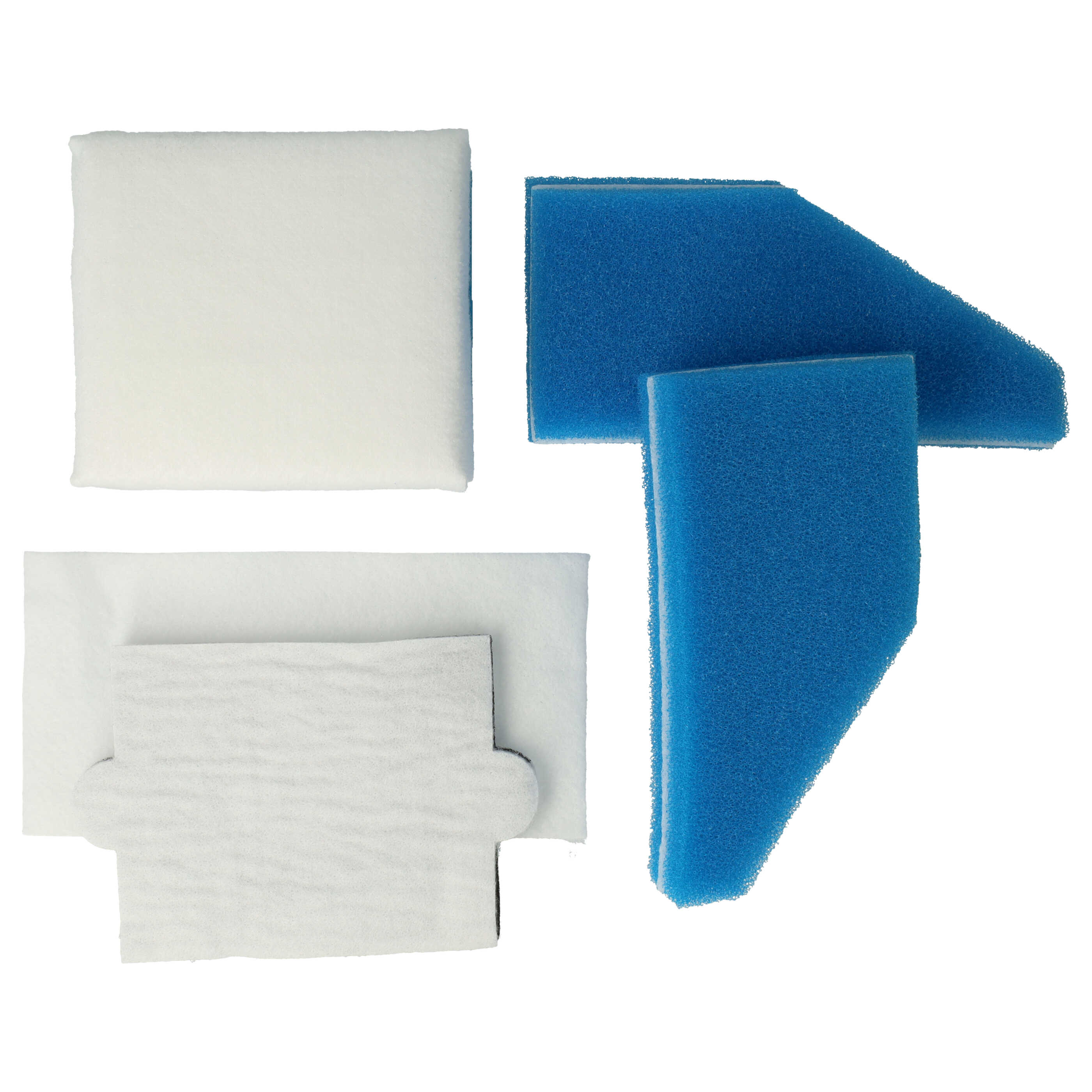 Weisse und blaue Schaumstoff-Filterkissen in verschiedenen Formen auf weissem Hintergrund.