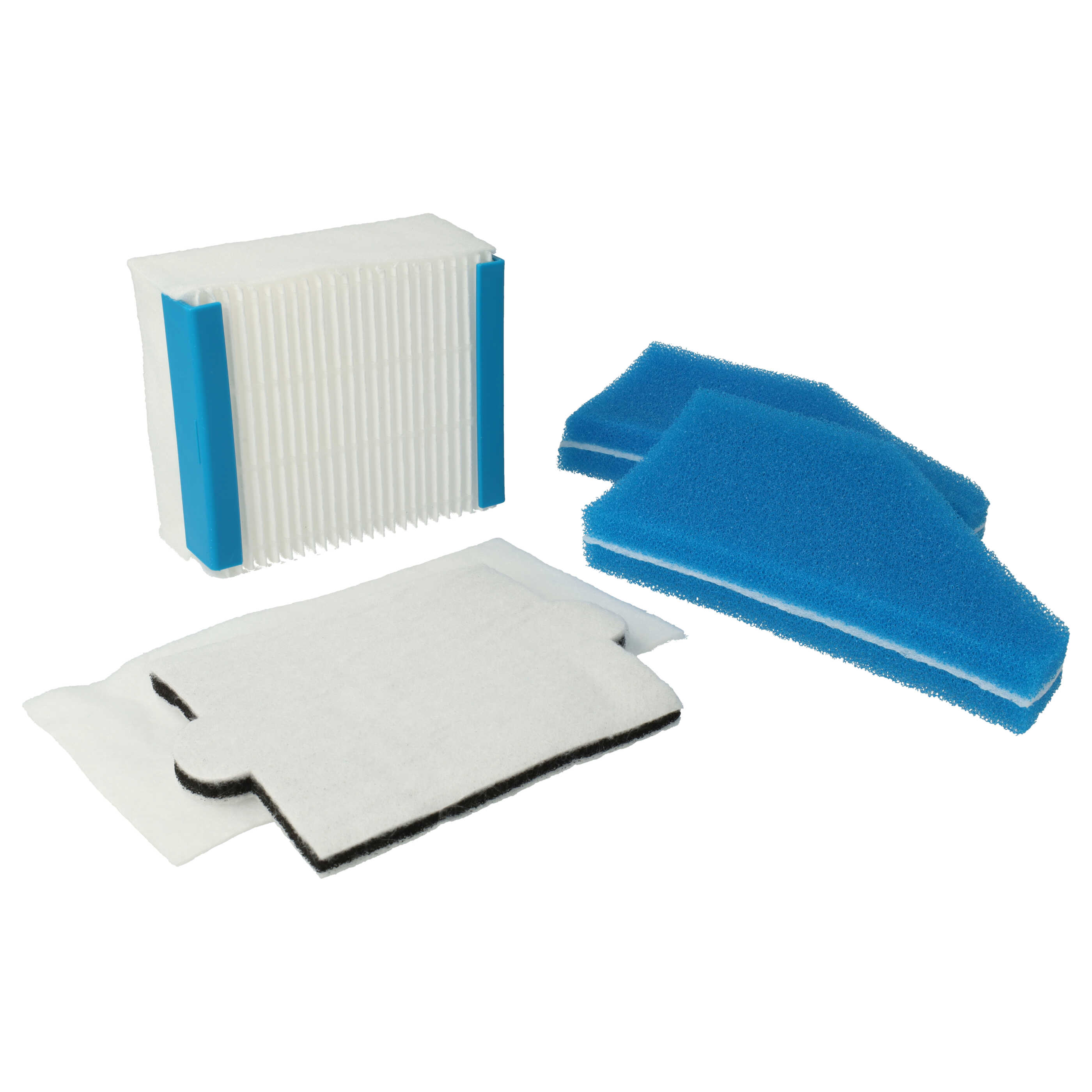 Ein Set von Staubsauger-Ersatzfiltern mit einem gefalteten weißen Filter, blauen Schaumstofffiltern und einem Pad.