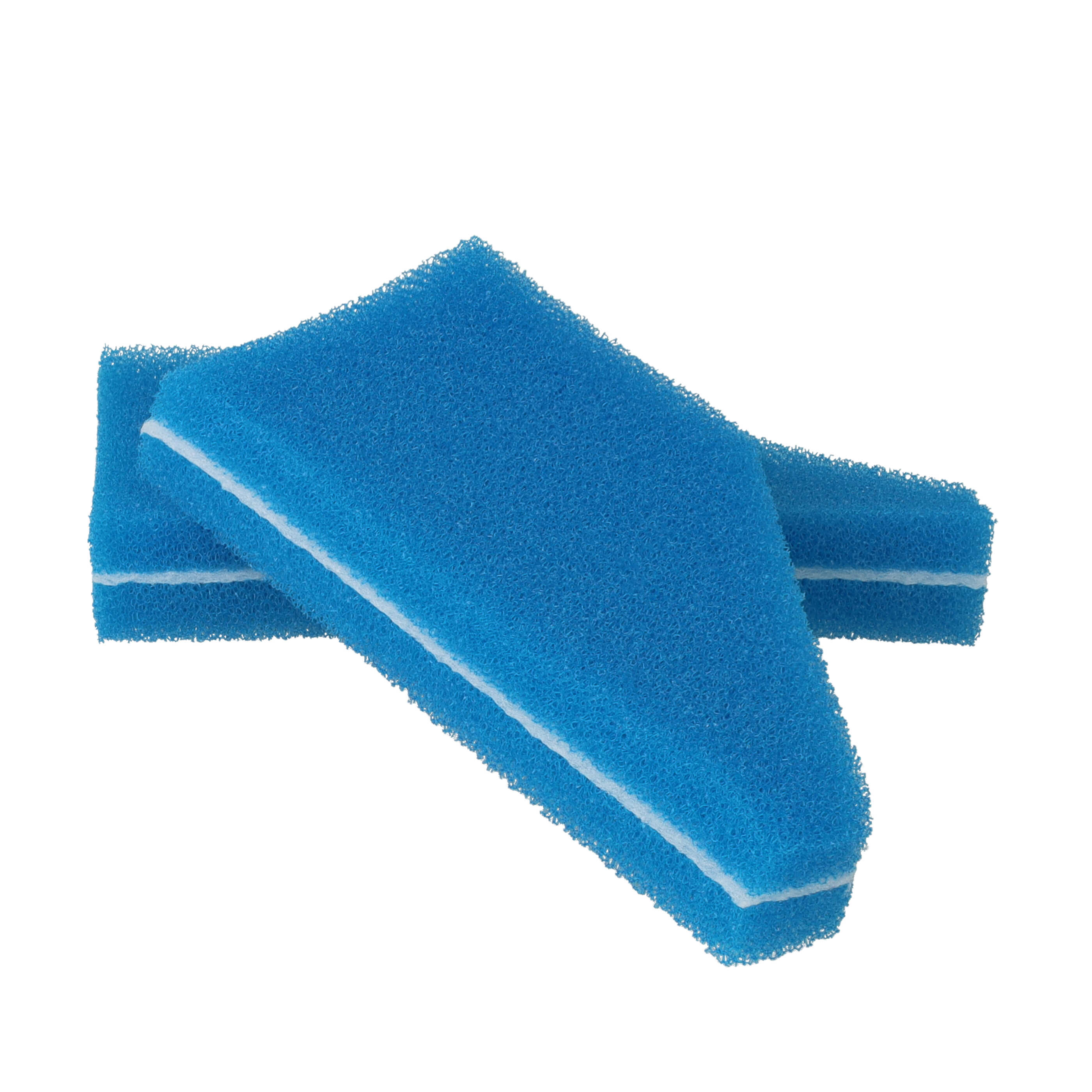 Zwei blaue Scheuerschwämme mit weißer Zwischenschicht auf weiÃŸem Grund.