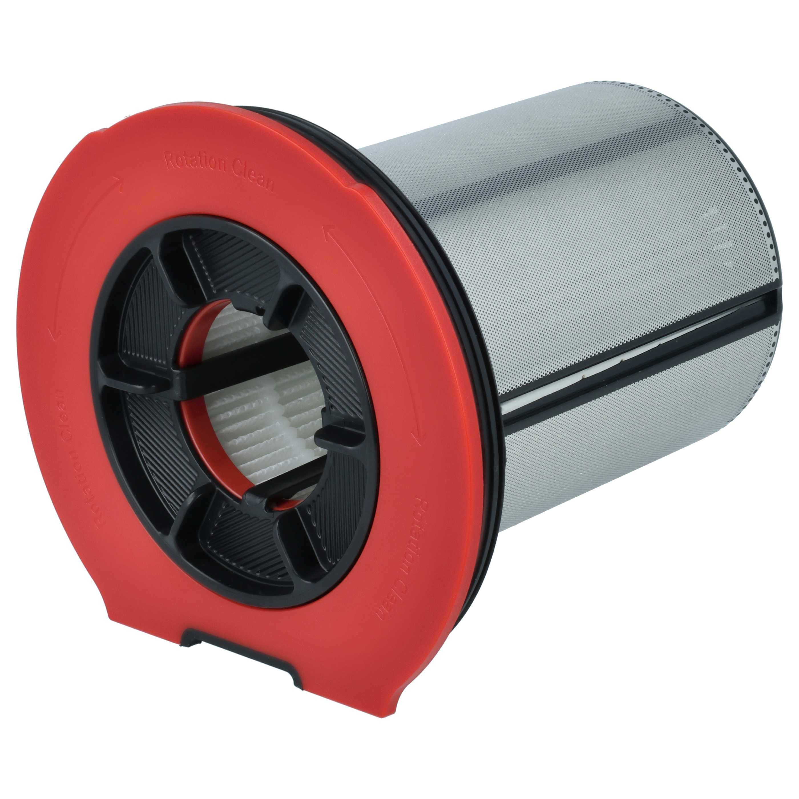 Zylindrischer Staubsaugerfilter mit rotem Rand, schwarzem Halter und feinem Metallsieb.