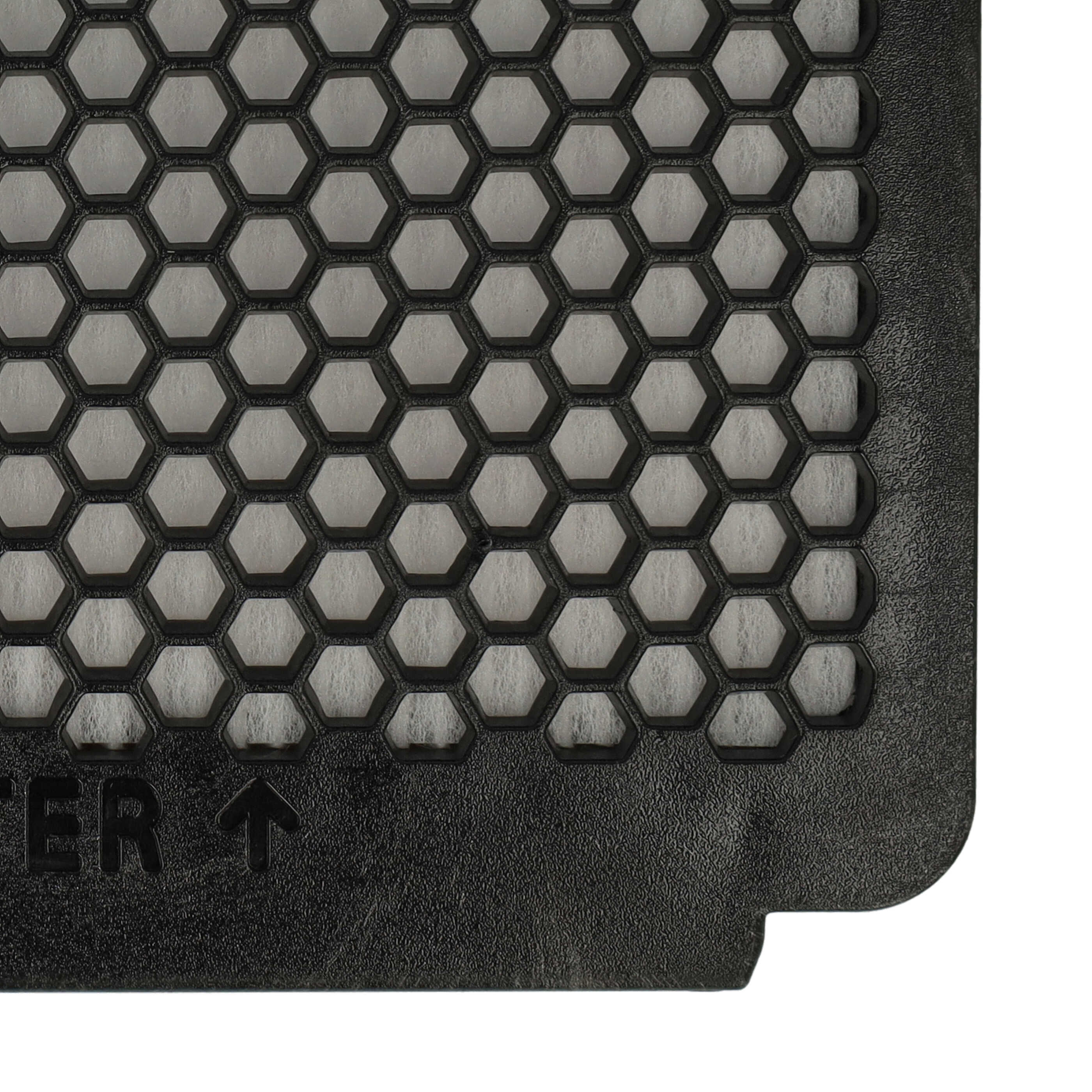 Nahaufnahme eines schwarzen Plastikfilters mit Sechseckmustern und weißem Filterpapier.