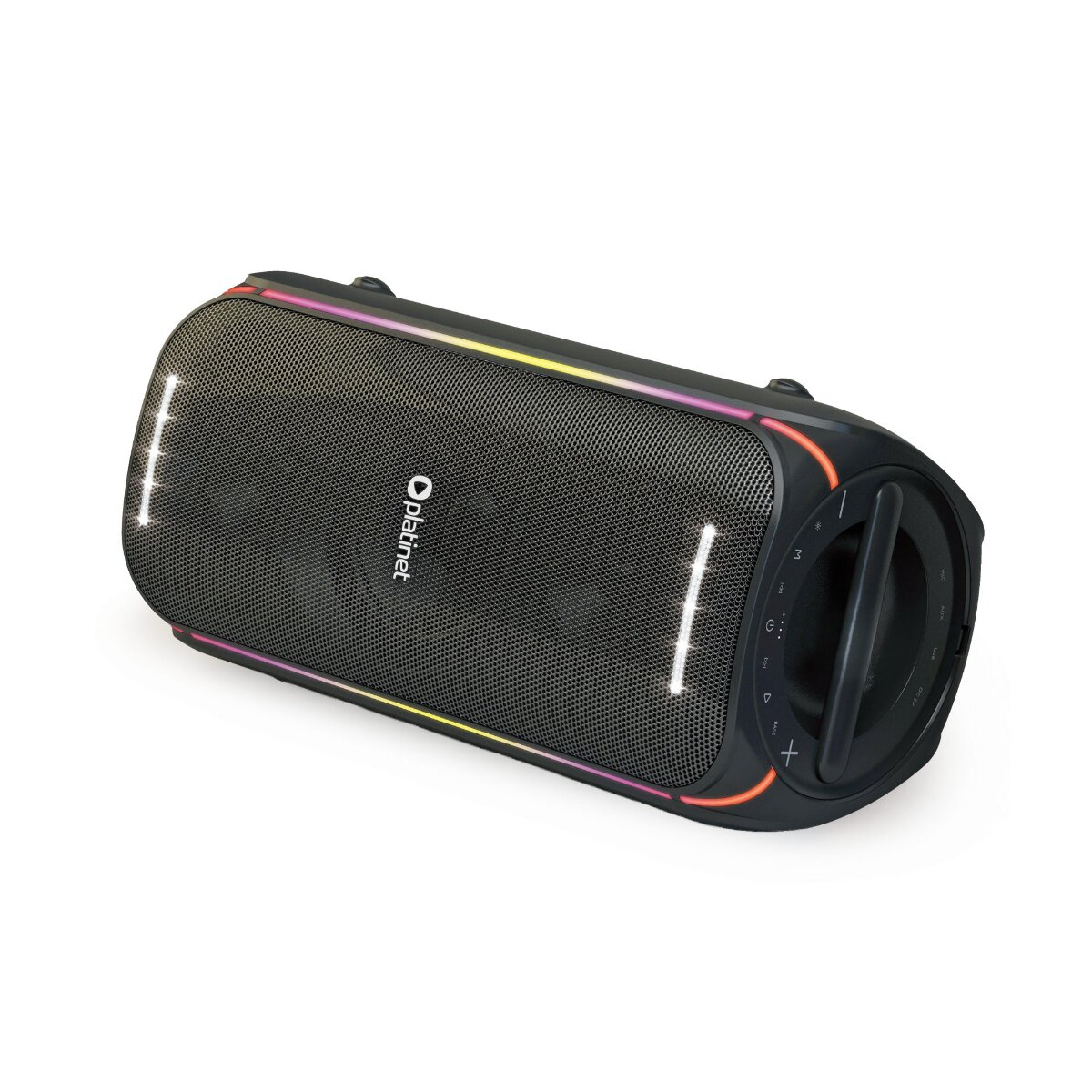 Schwarzer kabelloser Bluetooth-Lautsprecher mit RGB-Beleuchtung und Platinet-Logo auf dem Frontgitter.