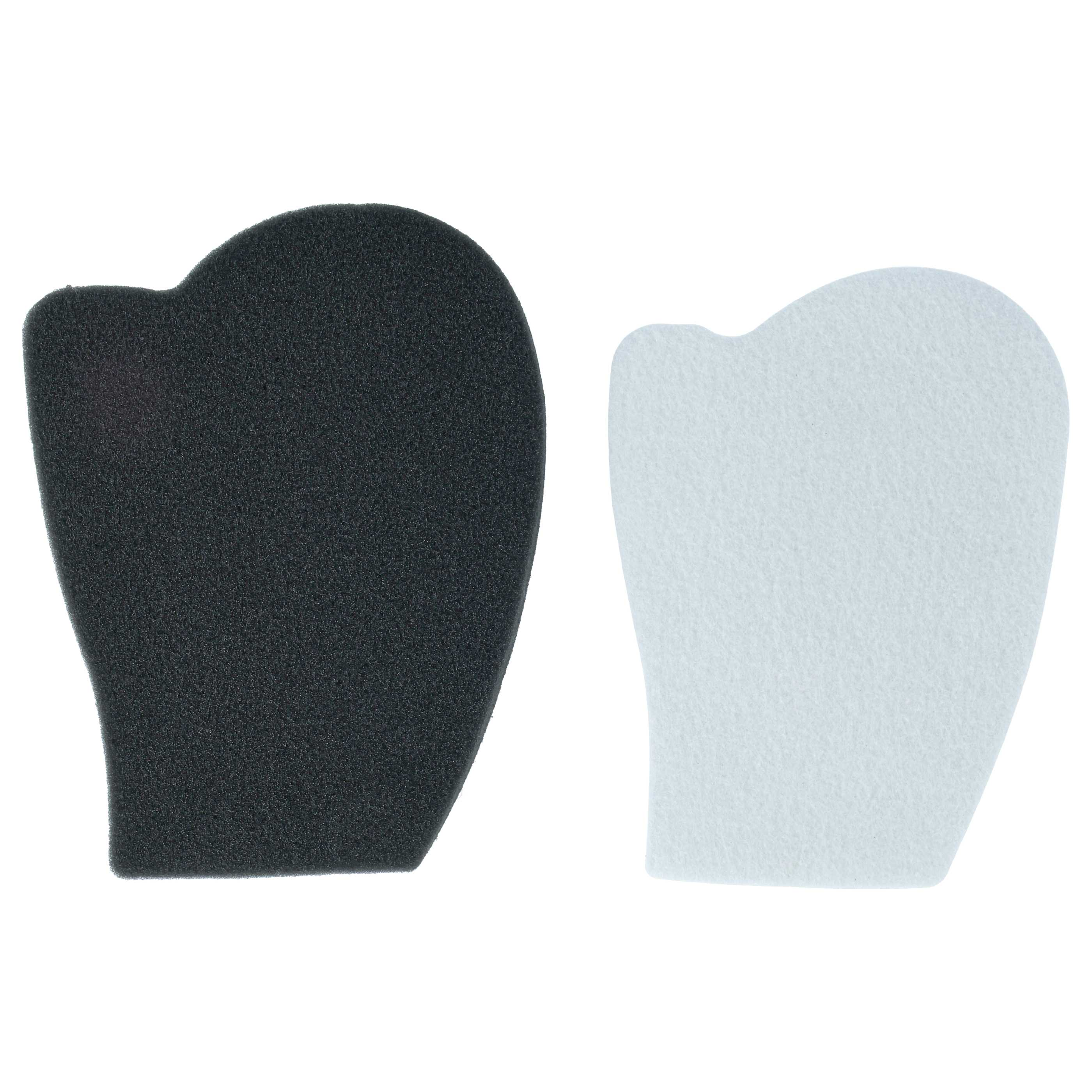 Zwei Handschuhformen, eine schwarze aus Schaumstoff und eine weiße aus Stoff, auf weißem Hintergrund.