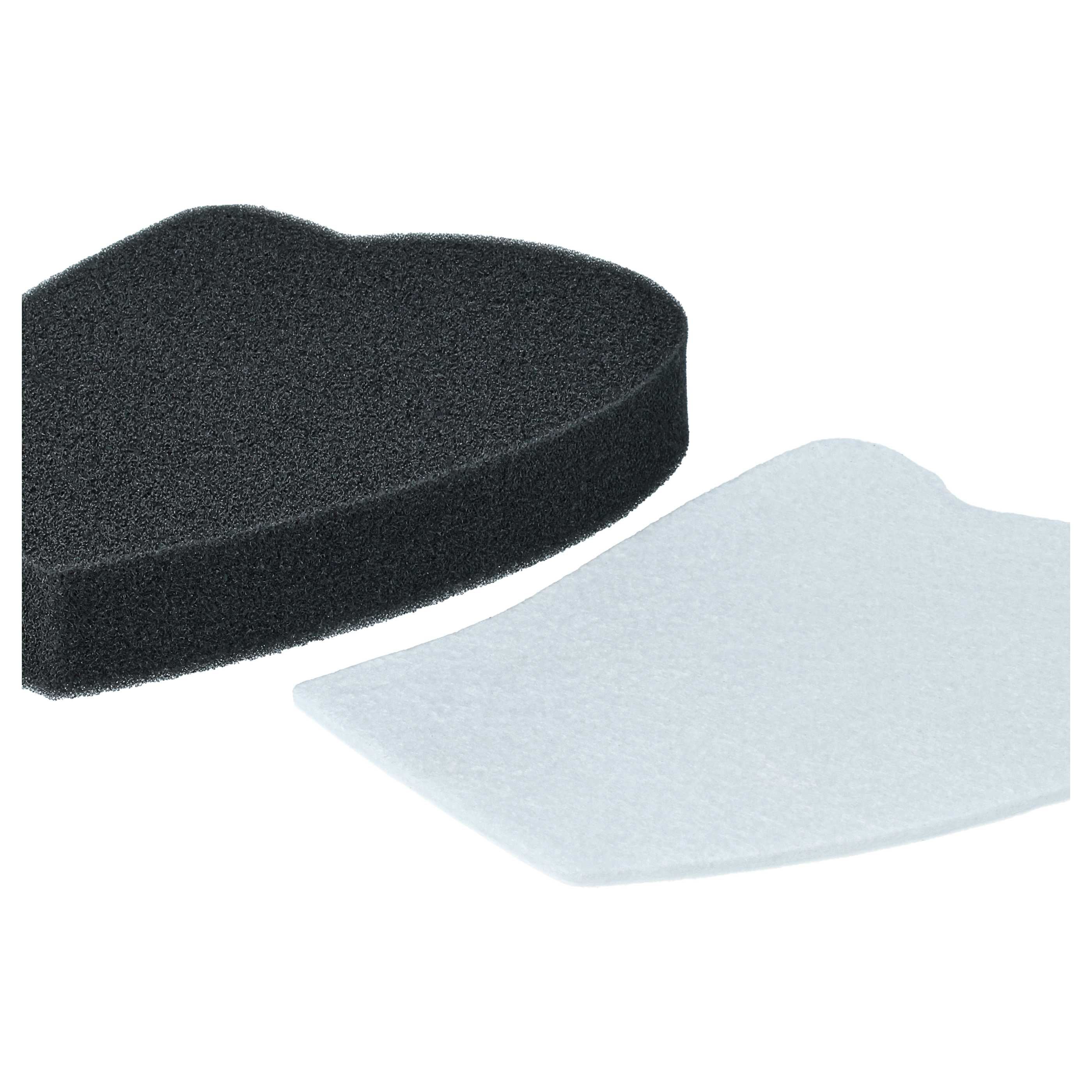 Ein dicker schwarzer Schaumstofffilter und ein dünner weißer Filter liegen auf weißem Hintergrund.