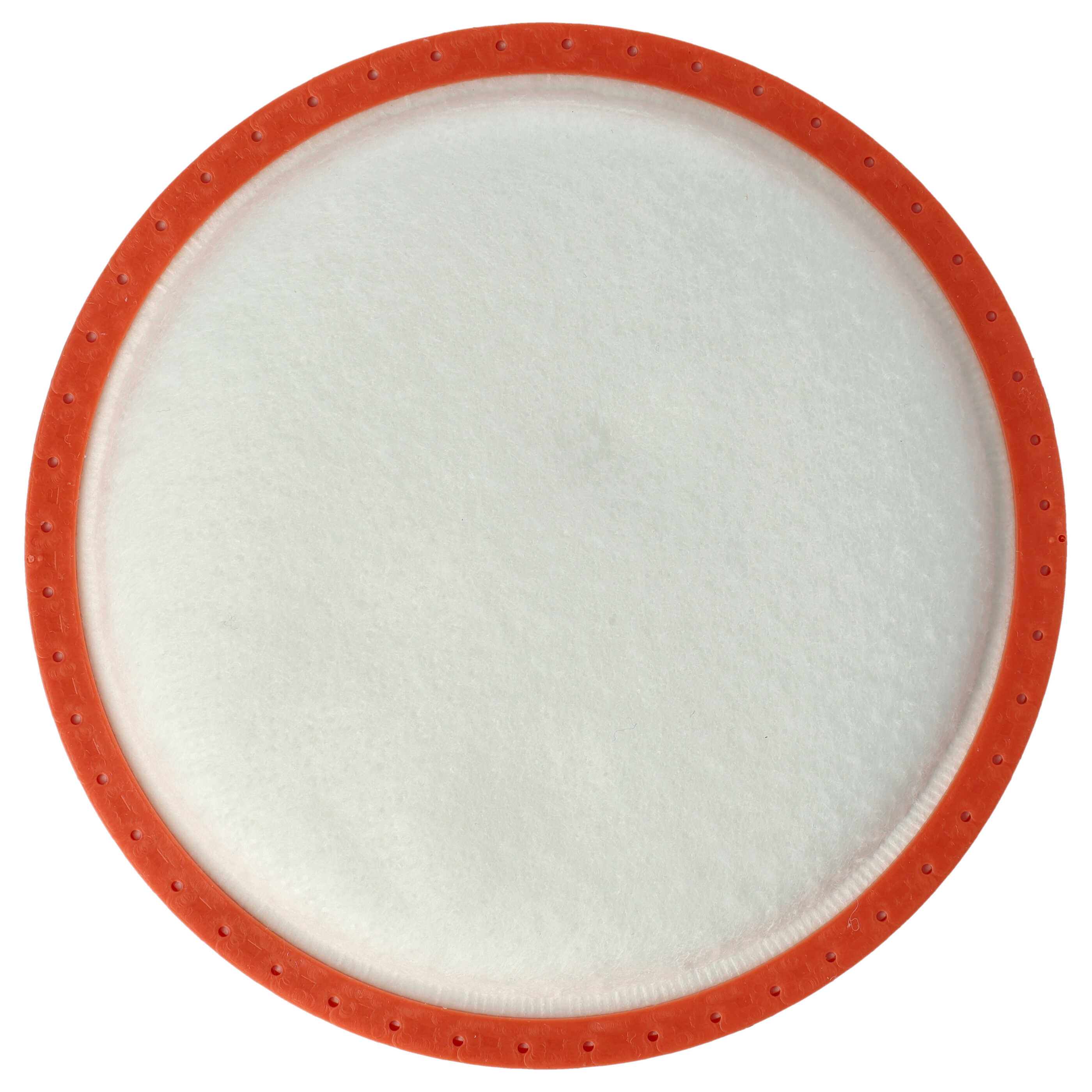 Runder weißer Filter mit einem orangefarbenen Rand und kleinen Löchern auf weißem Hintergrund.