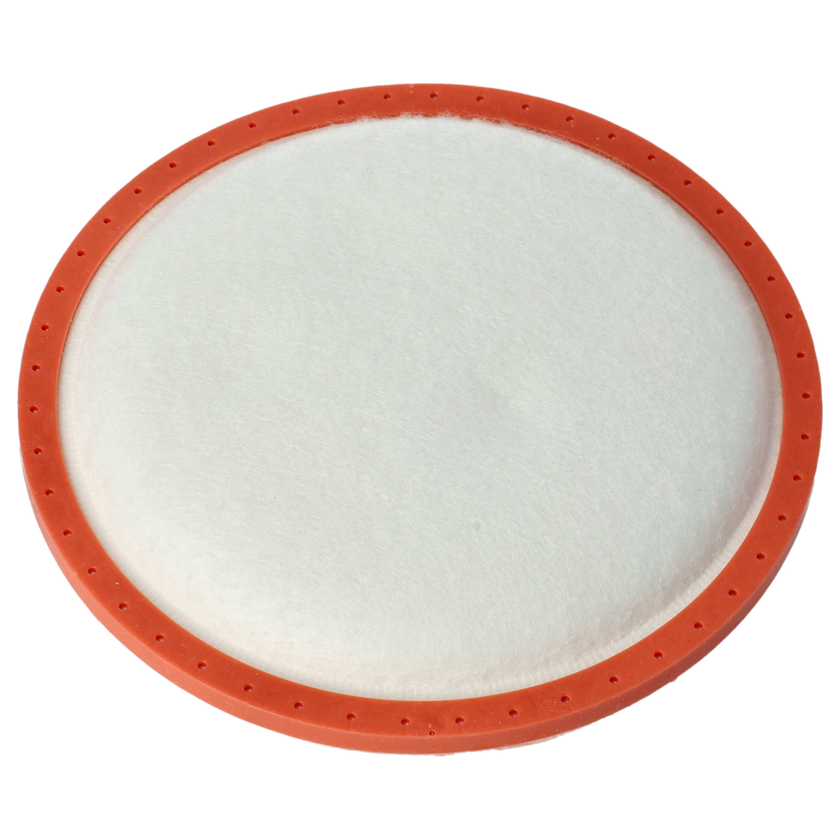 Ein runder, weißer Filter mit breitem orangenem Rand und vielen kleinen Löchern, auf weißem Hintergrund.