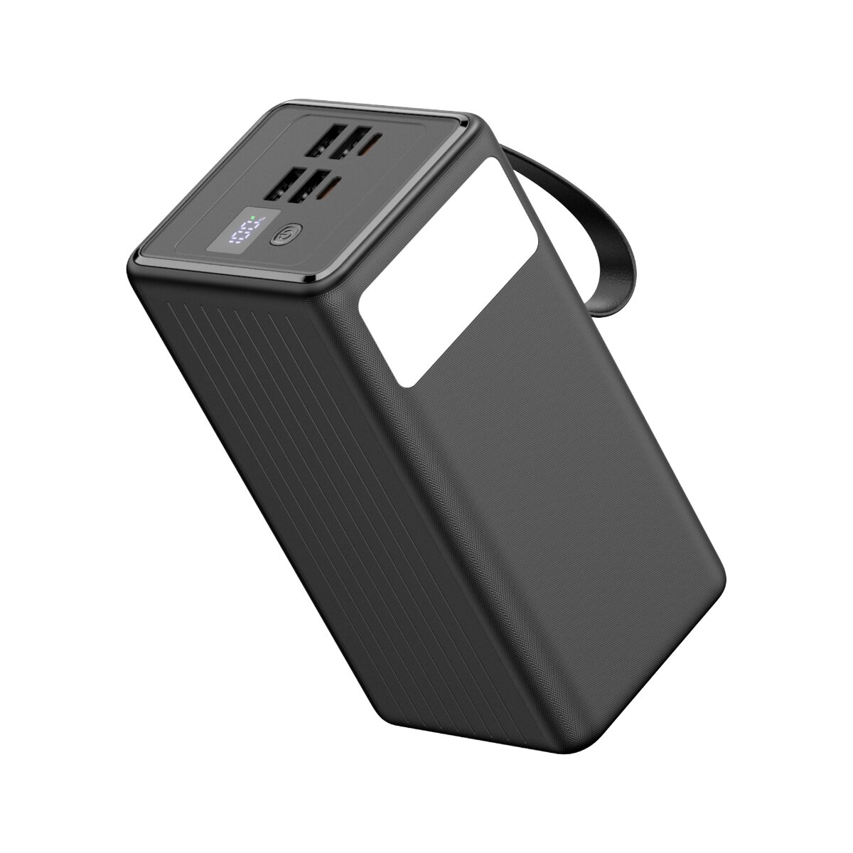 Schwarze Powerbank mit digitalem Display, mehreren USB-Anschlüssen, weißem Panel und Trageschlaufe.