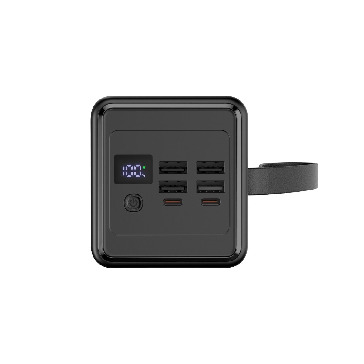 Schwarze Powerbank mit digitalem Display, vier USB-A- und zwei USB-C-Anschlüssen sowie einer Lasche.