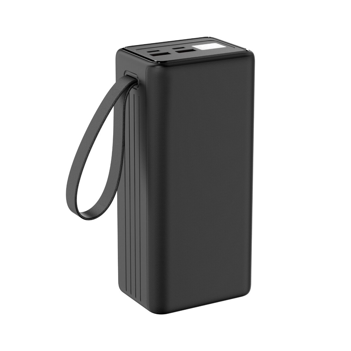 Schwarze Powerbank mit schwarzer Handschlaufe und Anschlüssen oben vor weißem Hintergrund.