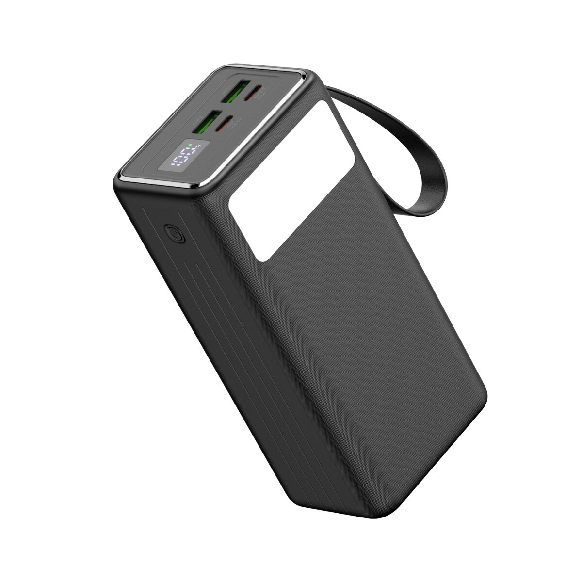Schwarze Powerbank mit digitaler Anzeige, mehreren Anschlüssen, LED-Lichtfeld und einer Trageschlaufe.