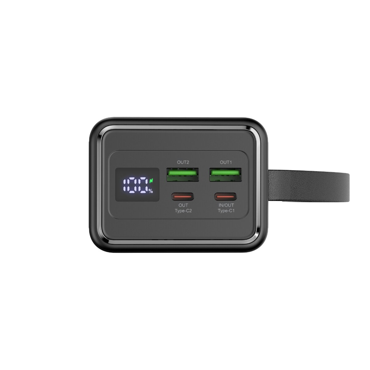 Schwarze Powerbank mit digitalem Display, zwei USB-A- und zwei USB-C-Anschlüssen.