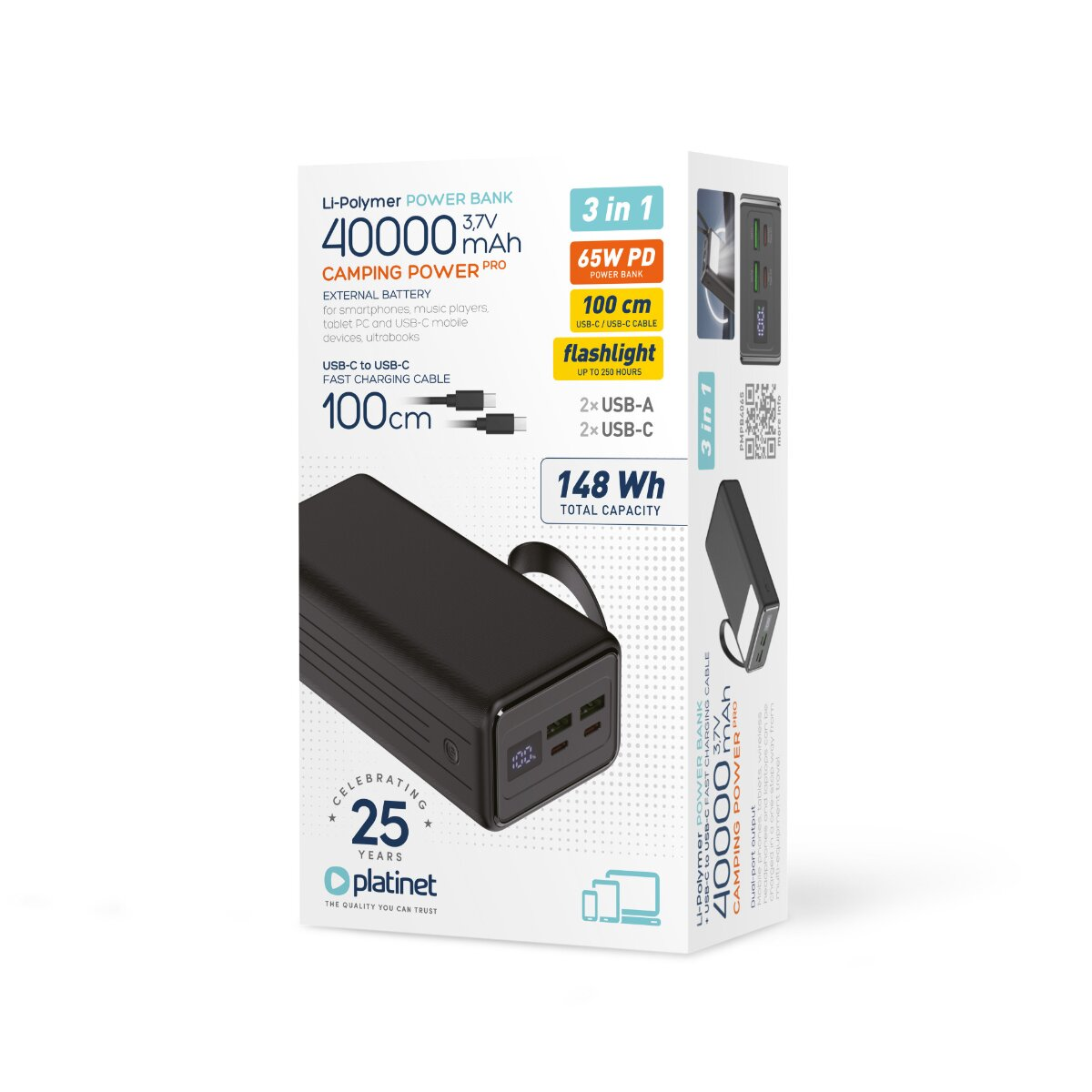 Verpackungskarton für Platinet 40000mAh Camping-Powerbank mit Produktspezifikationen, Bildern und Logos.