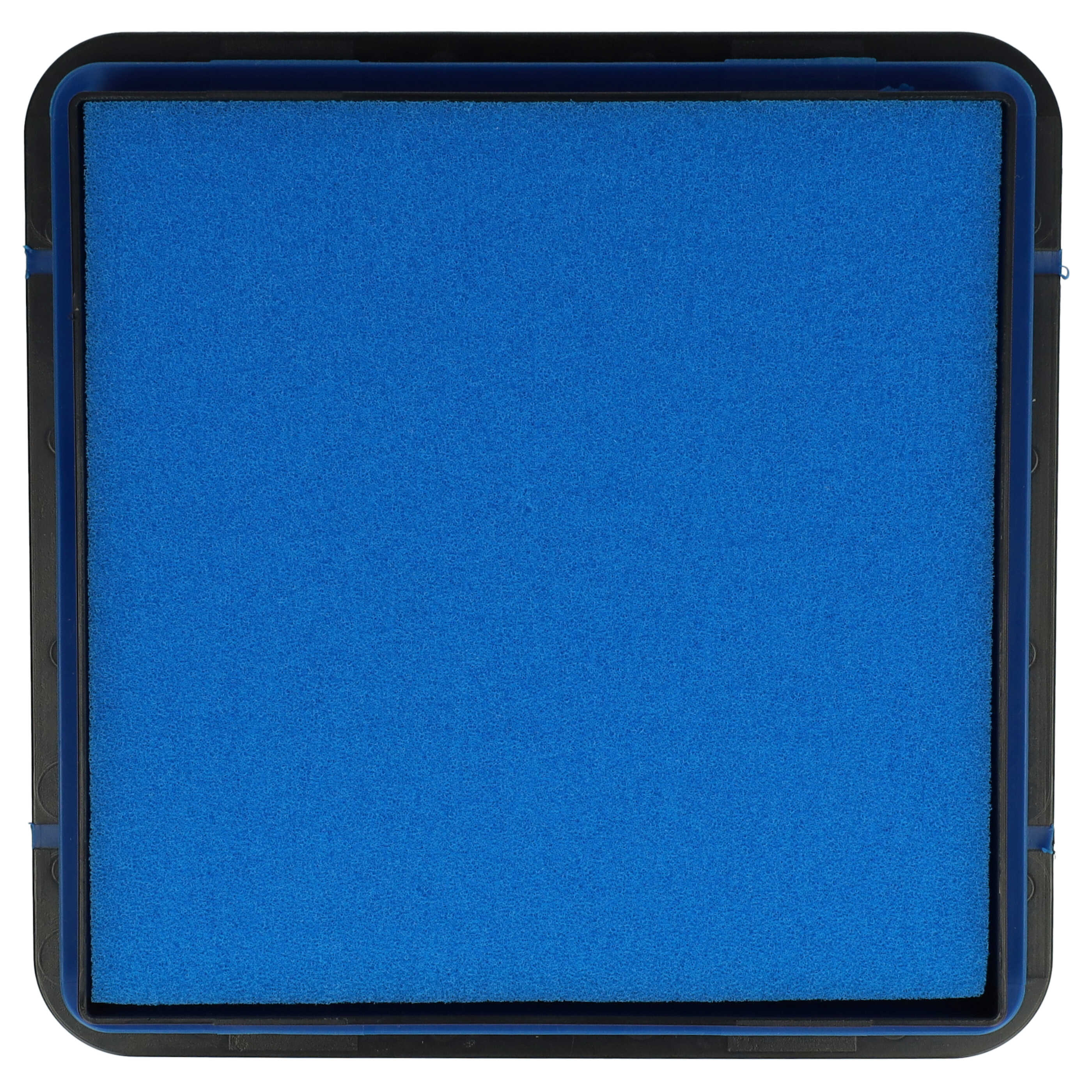 Quadratischer blauer Schaumstoffilter in einem schwarzen Kunststoffrahmen.