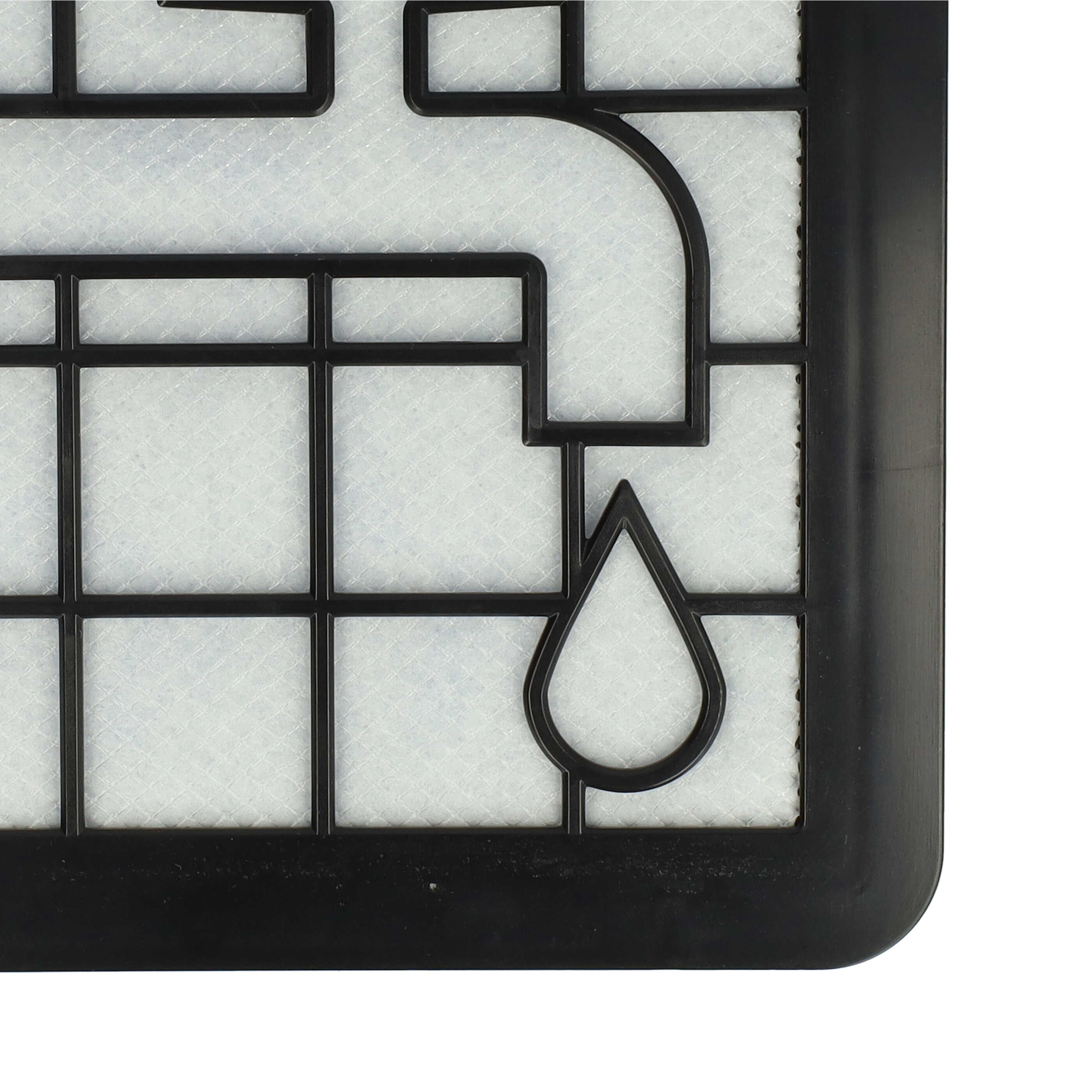 Nahaufnahme eines schwarzen Kunststoff-Netzfilters mit weißem Faser-Material und einem Wasserhahn- und Wassertropfen-Design.