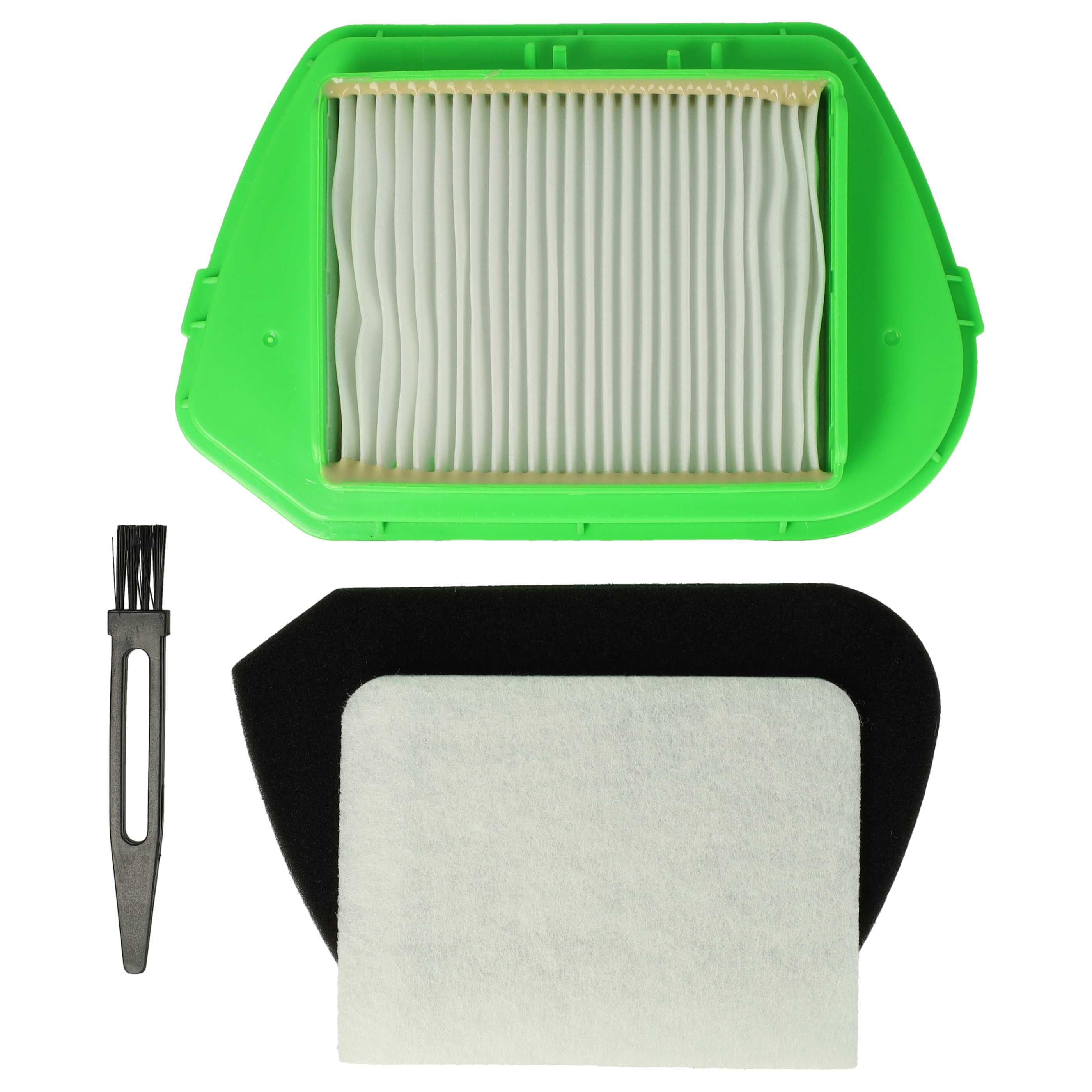 Ein grüner Faltenluftfilter, ein schwarz-weißer Schaumstoff-Vorfilter und eine kleine schwarze Reinigungsbürste.