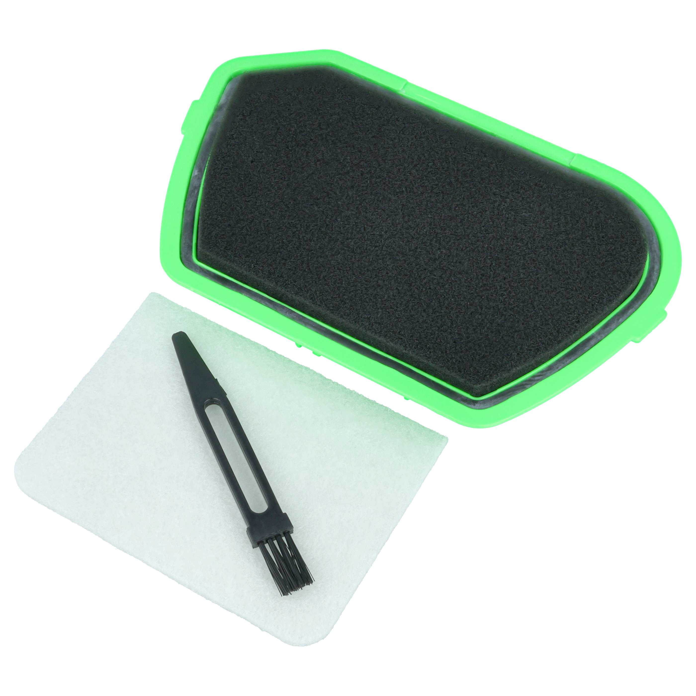 Grüner Luftfilter mit schwarzem Einsatz, weißem Filterpad und Reinigungsbürste.