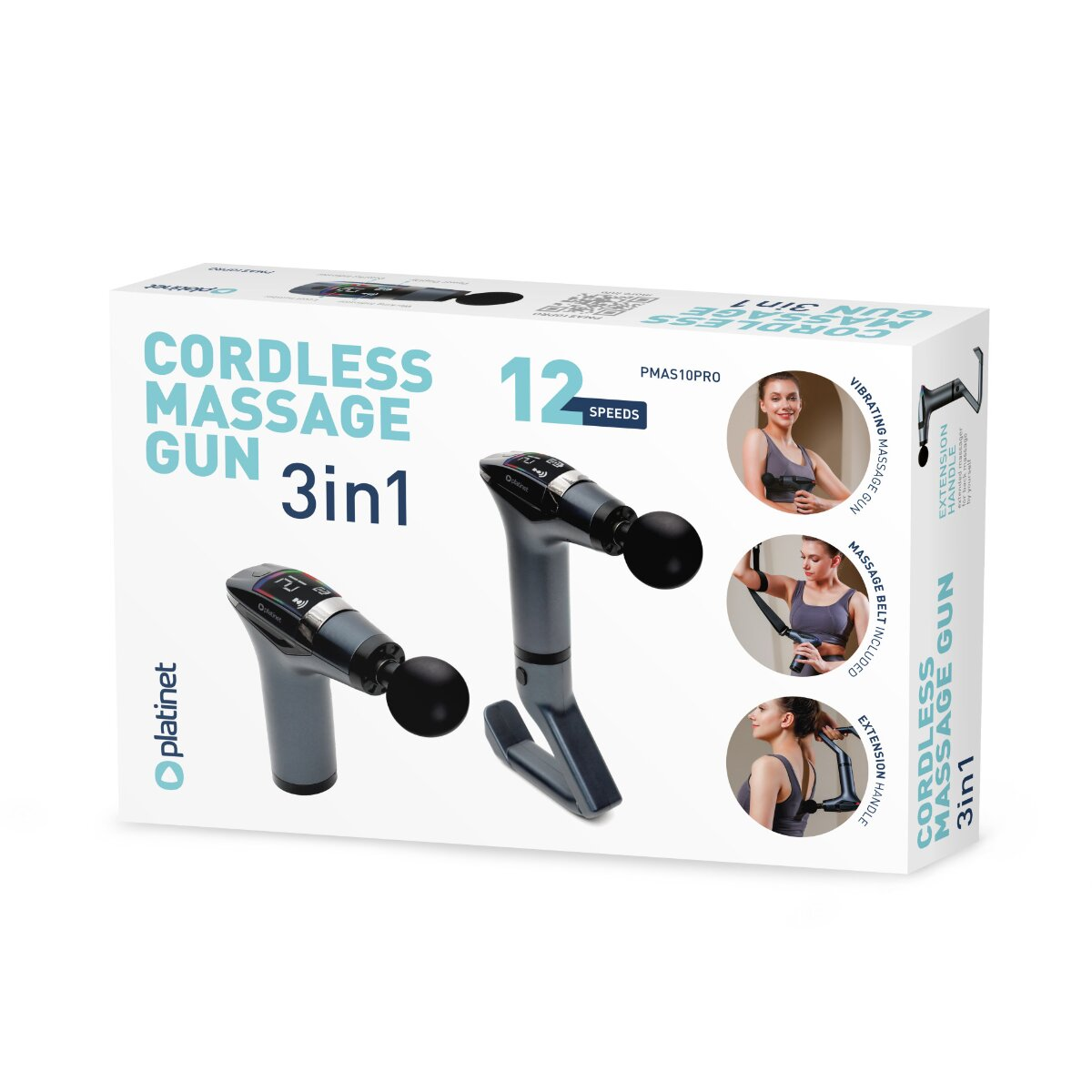 Produktverpackung für eine kabellose 3-in-1-Massagepistole mit 12 Geschwindigkeiten und Anwendungsbildern.