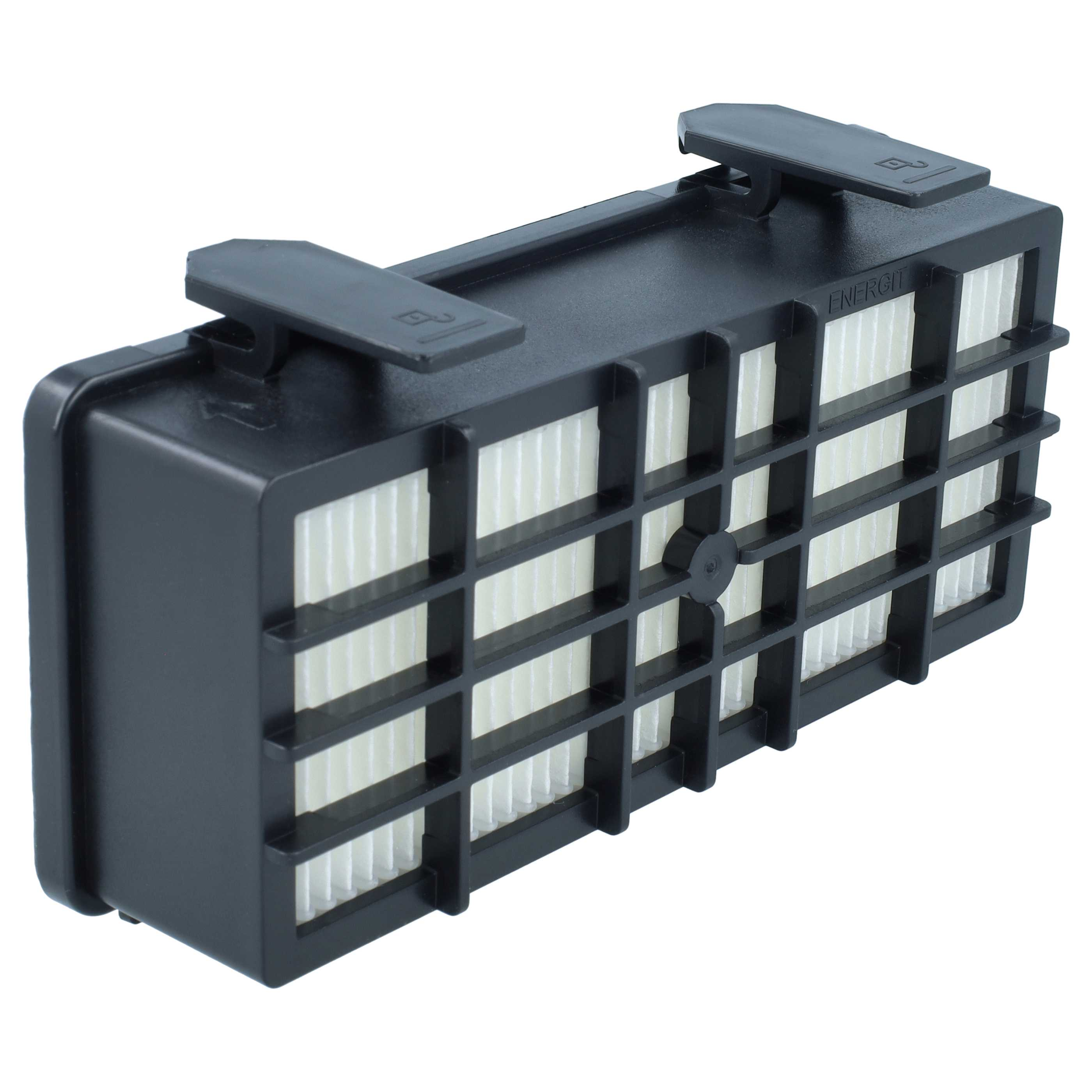 Ein schwarzer Staubsaugerfilter mit weißem Lamellenfilterelement und zwei Clips oben vor weißem Hintergrund.