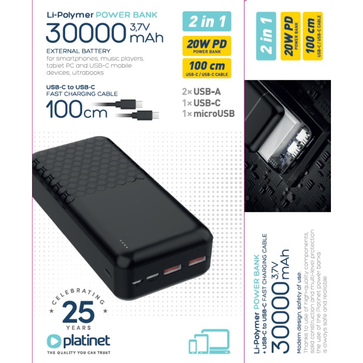 Schwarze 30000mAh Powerbank mit USB-Anschlüssen und Kabel auf Werbeplakat.