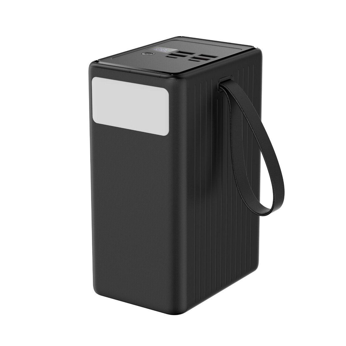 Eine schwarze Powerbank mit einem Tragegurt, einem LED-Licht und Anschlüssen auf der Oberseite.
