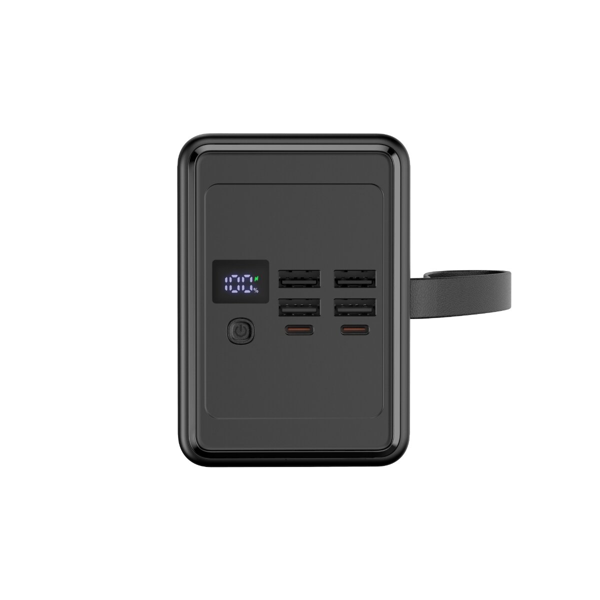 Schwarze Powerbank mit digitalem Display, vier USB-A- und zwei USB-C-Anschlüssen sowie einer Trageschlaufe.