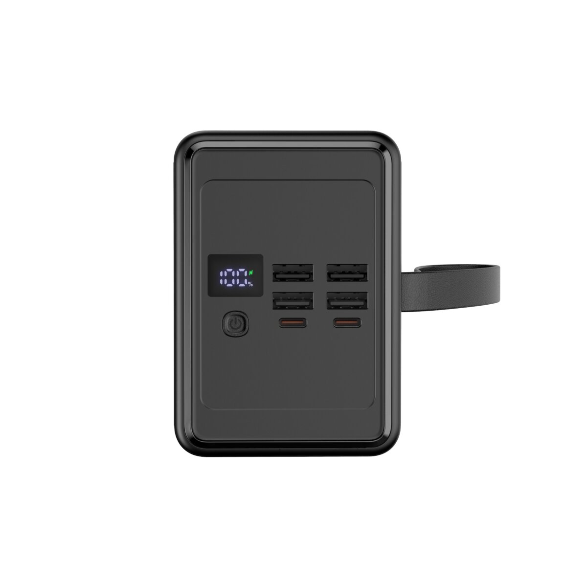 Schwarze Powerbank mit digitaler Anzeige, die 100% anzeigt, und mehreren USB-Anschlüssen auf weißem Hintergrund.