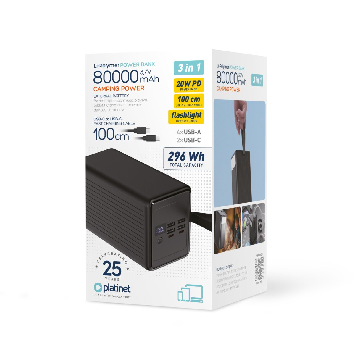 Verpackung einer schwarzen Platinet 80000mAh Camping-Powerbank mit technischer Beschreibung.