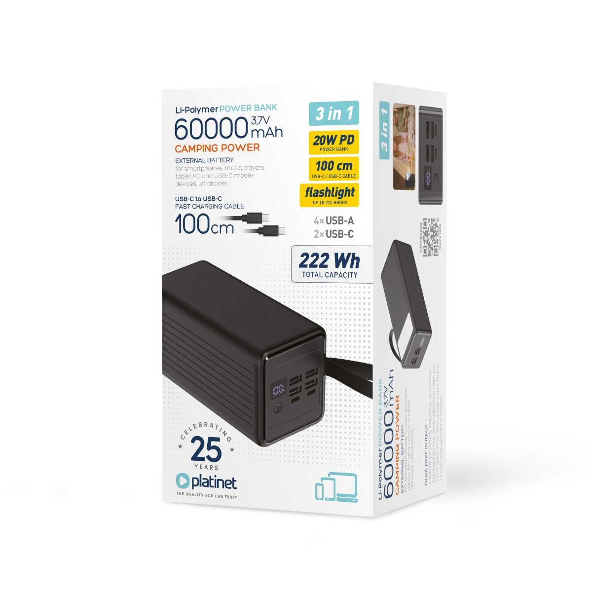 Verpackung der Platinet Power Bank mit 60000mAh und 222Wh, schwarz, Camping-Modell.
