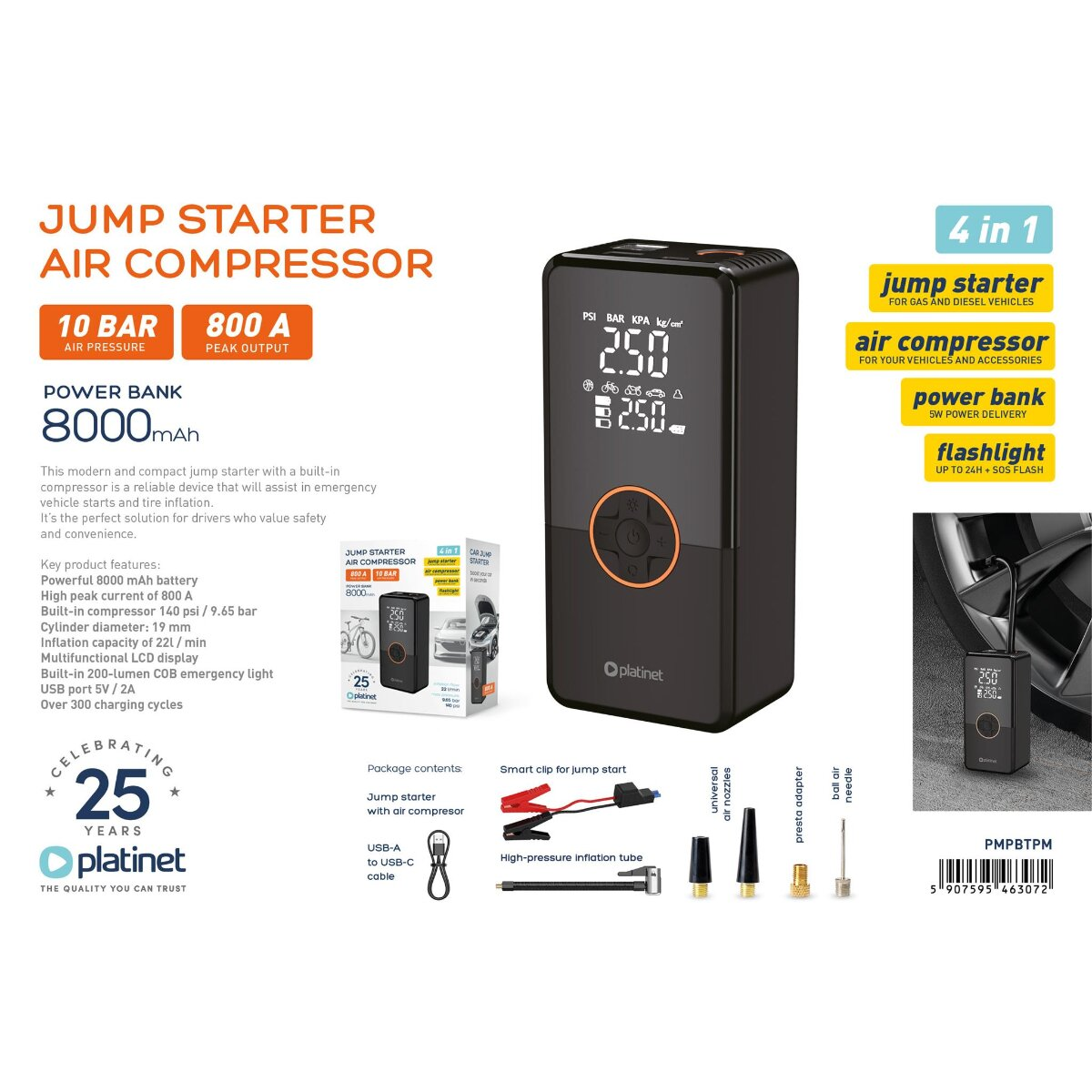 Ein 4-in-1-Starthilfegerät und Luftkompressor mit digitaler Anzeige, Powerbank, Taschenlampe und Zubehör.