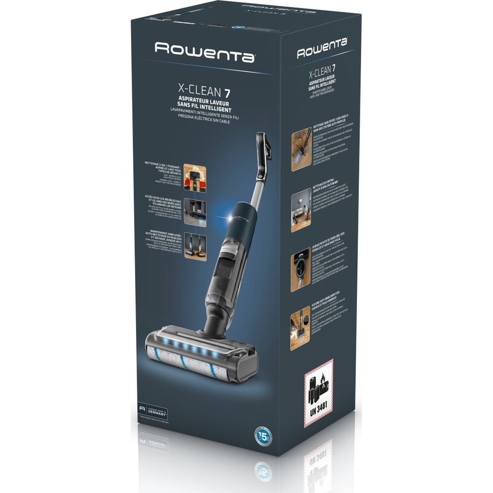 Scatola del prodotto aspirapolvere lavapavimenti senza fili Rowenta X-Clean 7 su sfondo bianco.