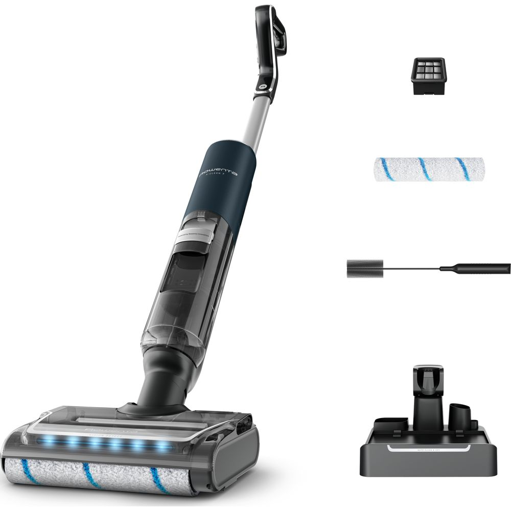 Un aspirapolvere senza fili per liquidi e solidi con LED blu, base di carica, filtro, spazzola e rullo.