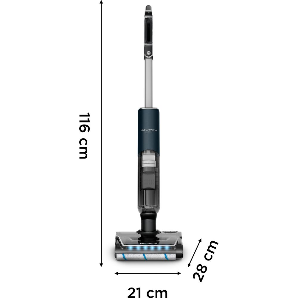 Aspirapolvere senza fili con dimensioni: altezza 116 cm, larghezza 21 cm, profondità 28 cm, su sfondo bianco.