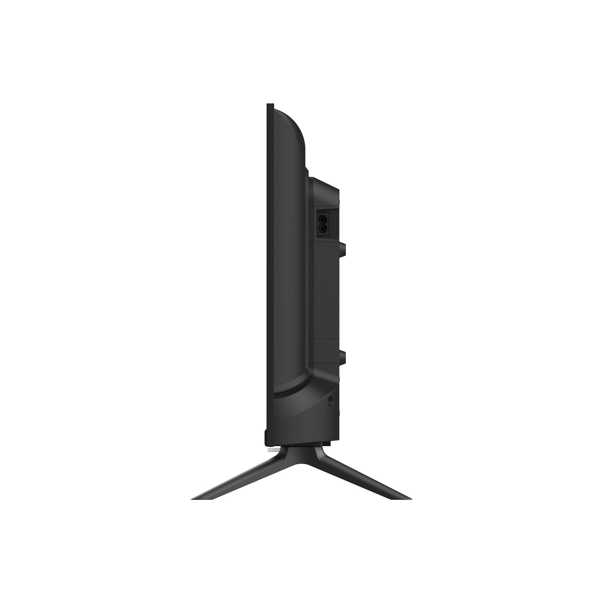 Vista lateral de un televisor negro en un soporte en forma de V.