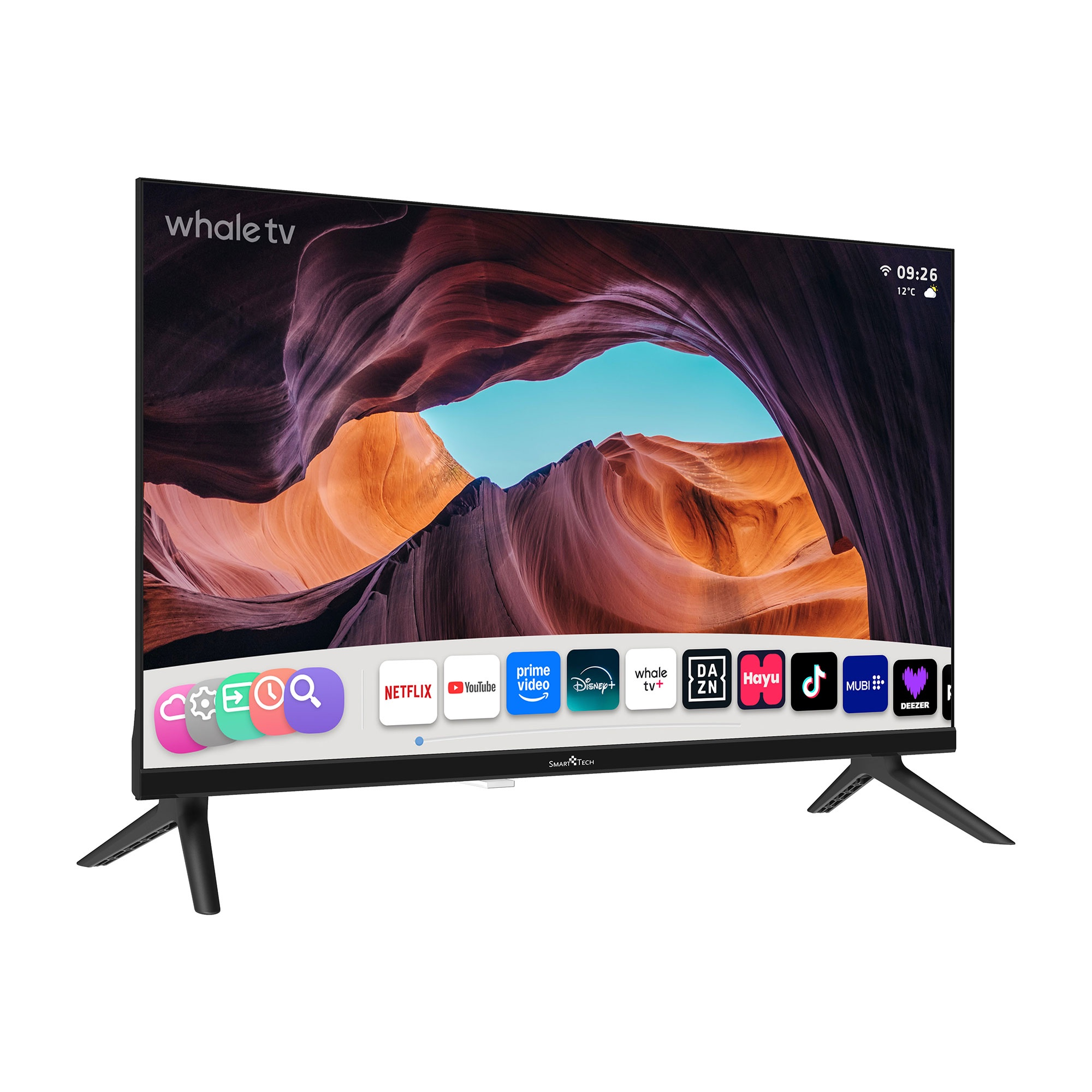 Smart TV con marcos delgados, fondo de cañón e iconos de aplicaciones abajo.