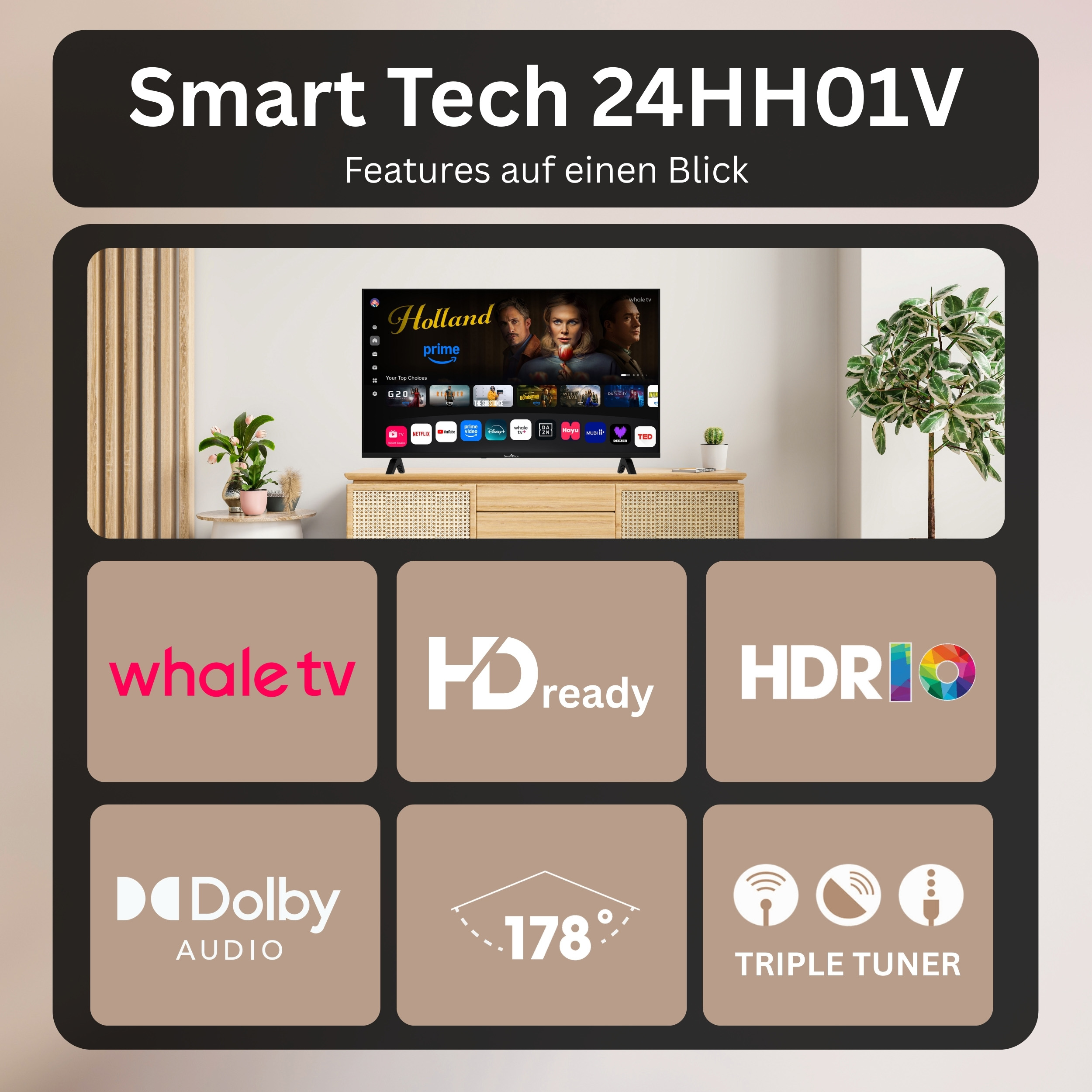 Televisor Smart Tech 24HH01V con Whale TV, HD Ready, HDR, Dolby Audio, ángulo de visión de 178 grados y sintonizador triple.