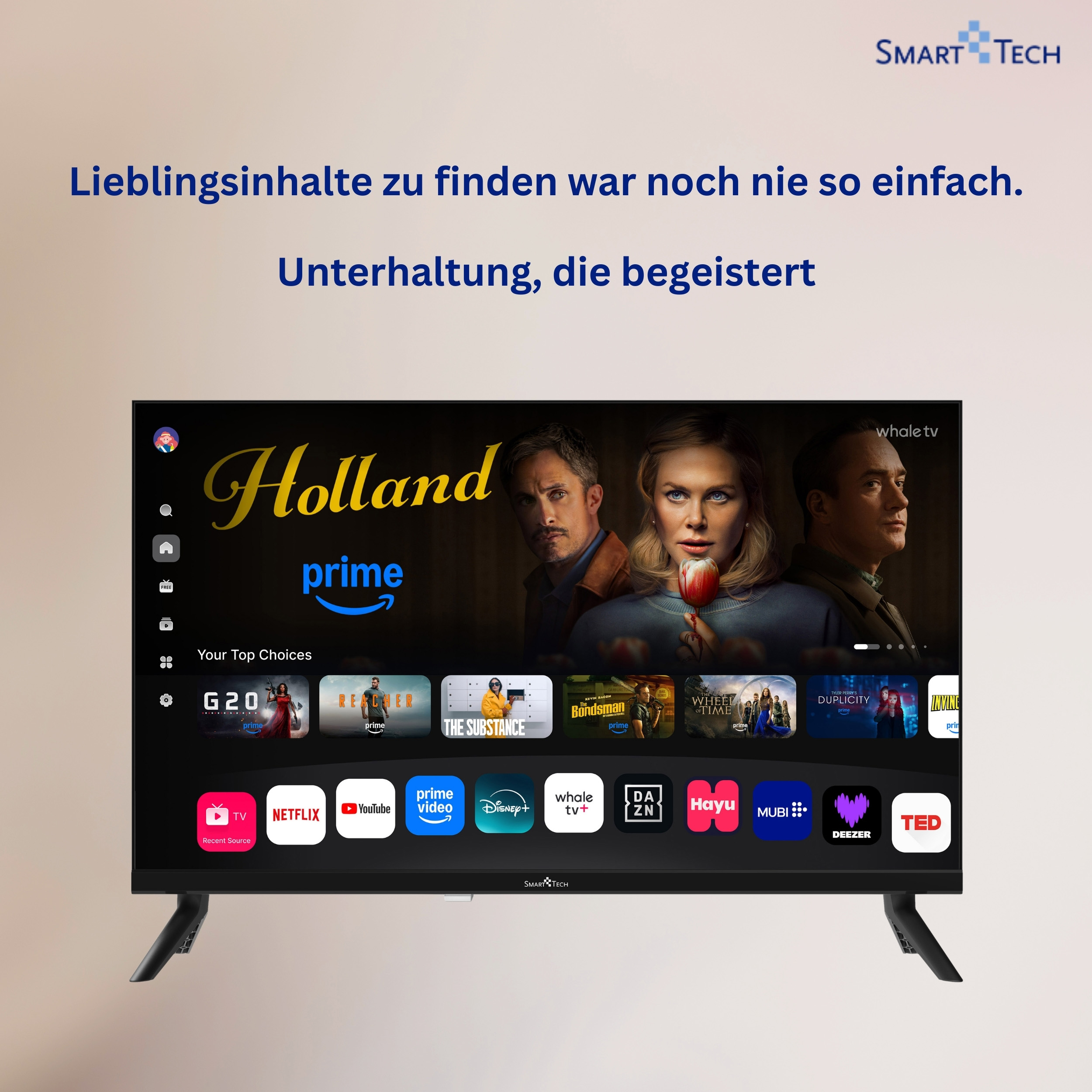 Televisor Smart-Tech con la pantalla de inicio de Whale TV, Prime Video y varias aplicaciones de streaming.