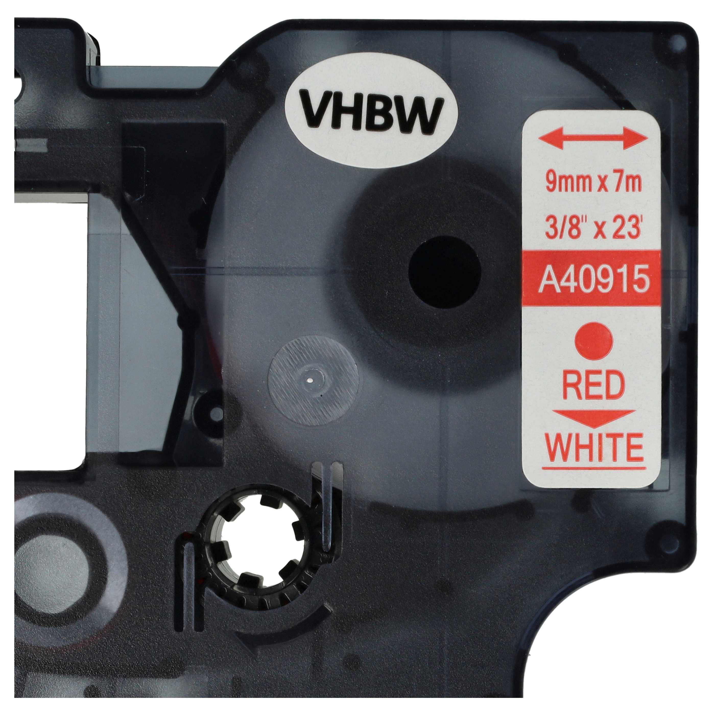 Schwarze VHBW-Beschriftungsbandkassette mit weißen und roten Etiketten.