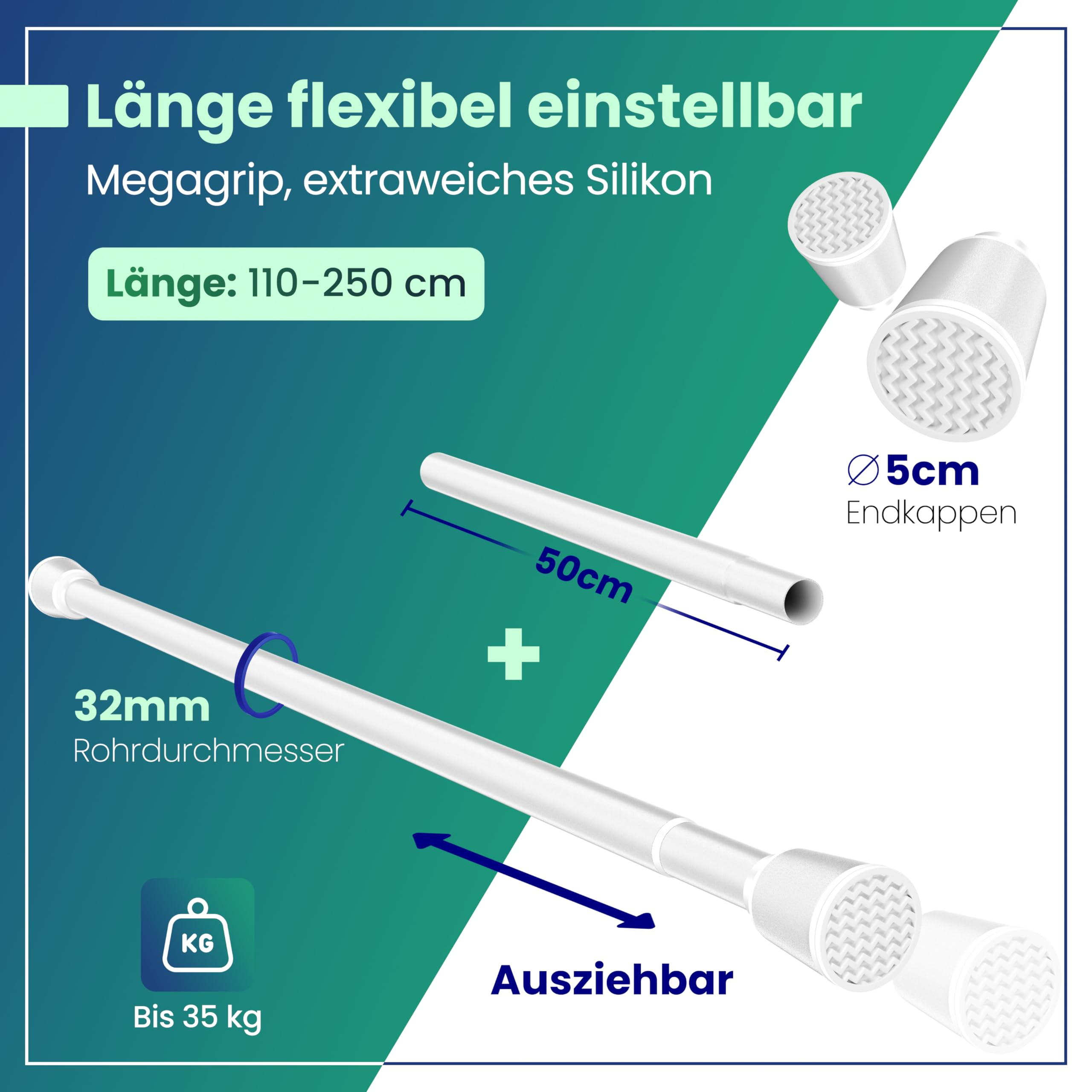 Produktwerbung für eine verstellbare weiße Duschstange mit 5cm Endkappen, 32mm Durchmesser, bis 35kg belastbar.