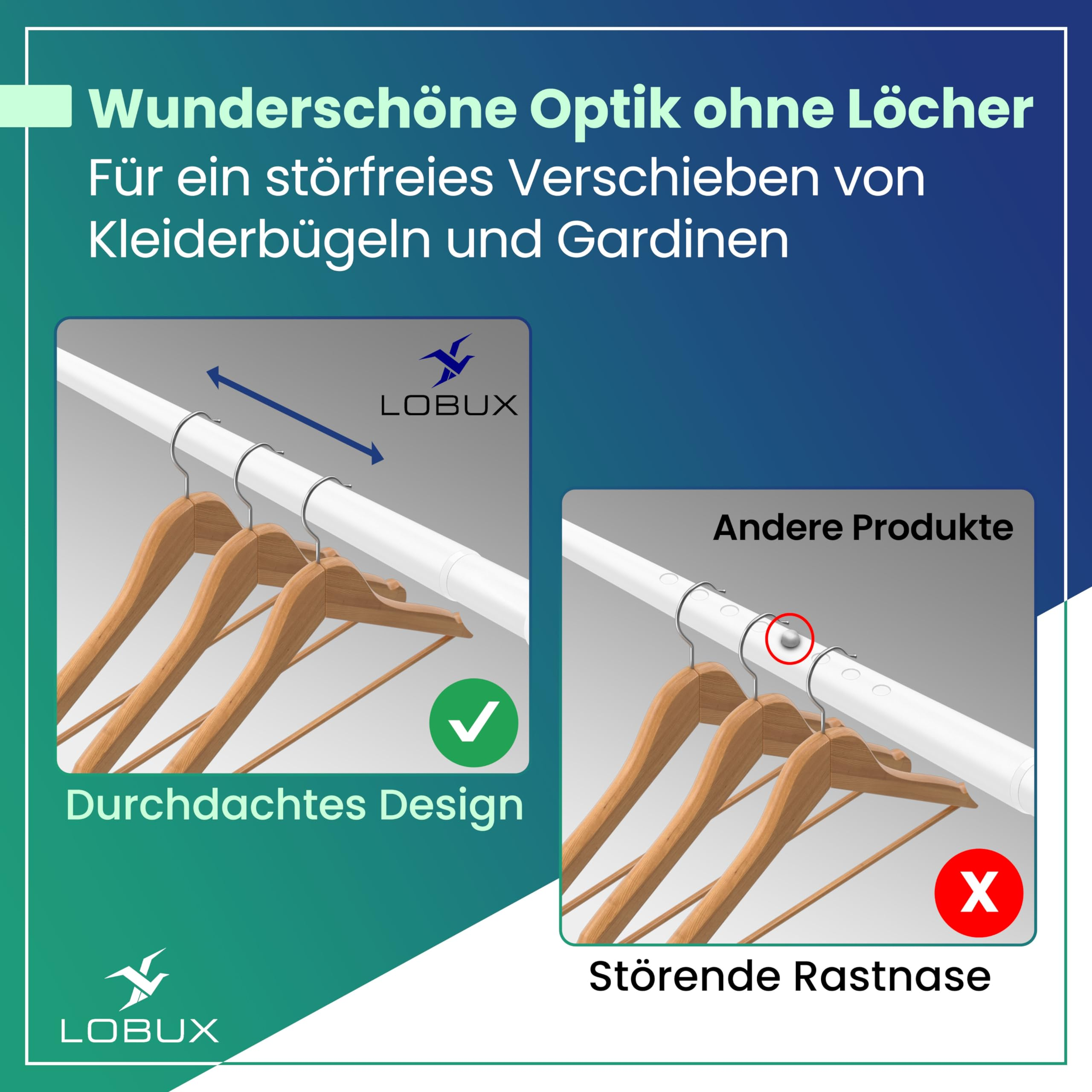 Vergleich zweier Kleiderstangen: eine glatte Stange ohne Löcher mit Hängern und eine Stange mit störenden Rastnasen.