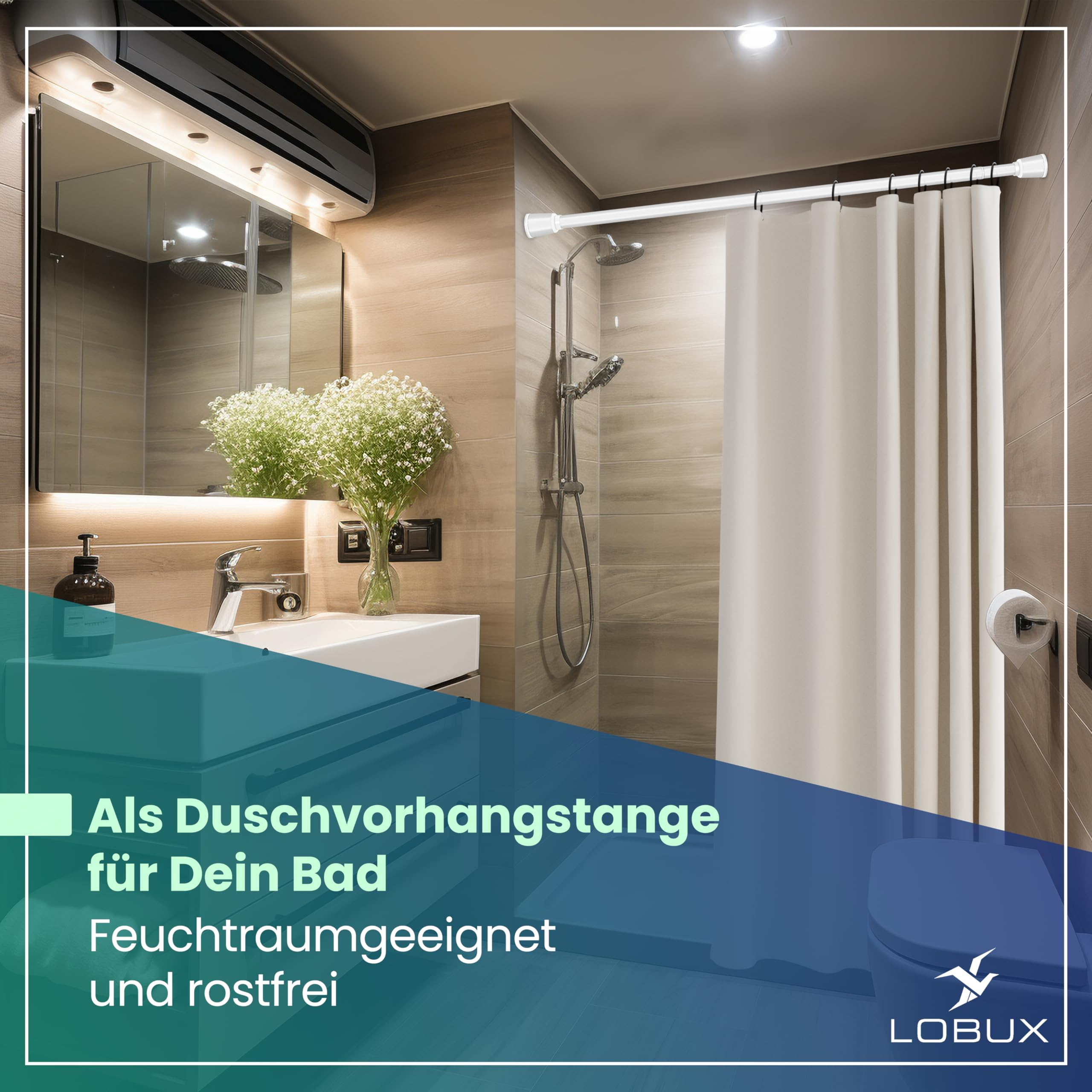 Ein modernes Bad zeigt eine weiße Duschstange, ein Waschbecken und geflieste Wände mit Blumen.
