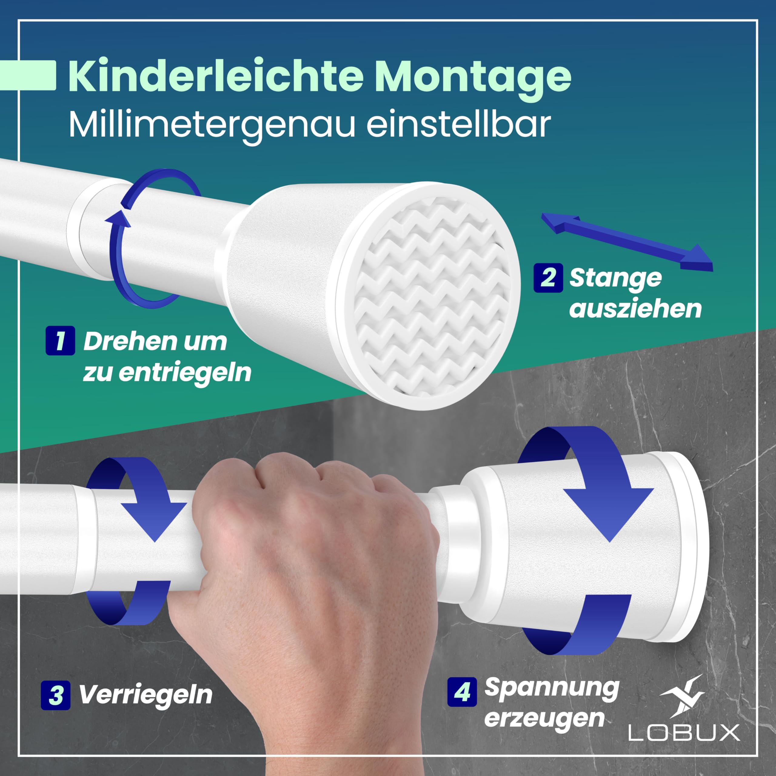 Anleitungsgrafik mit vier Schritten zur Montage einer weißen Lobux-Spannstange.