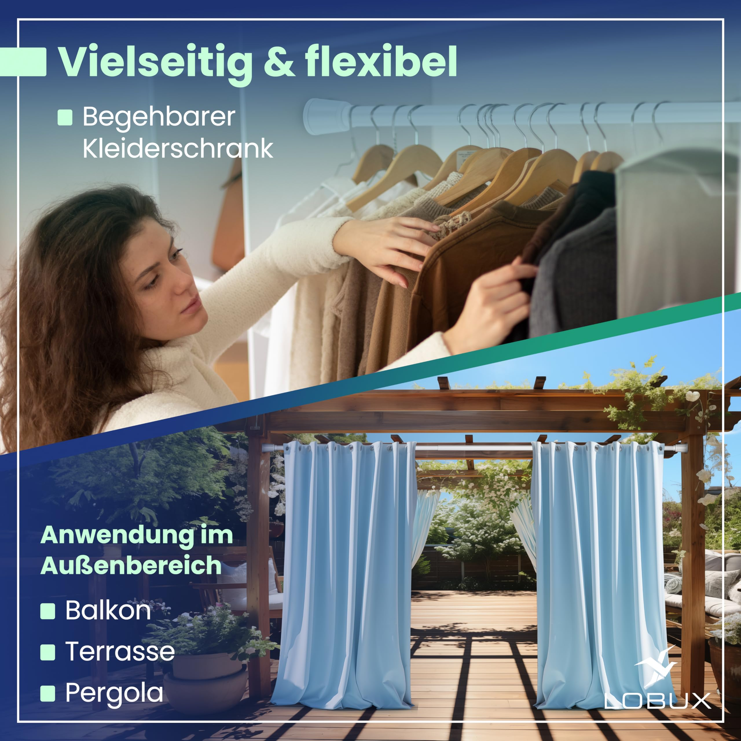 Eine Frau wählt Kleidung im Schrank oben, und unten eine Pergola mit hellblauen Vorhängen auf einer Holzterrasse.